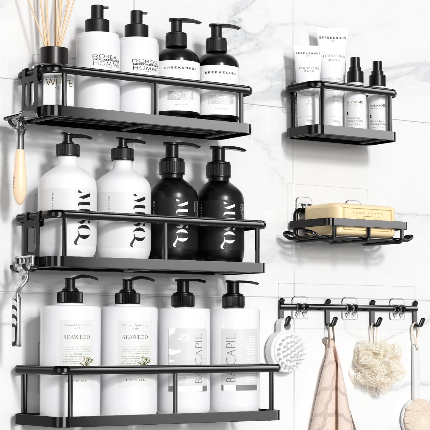 YASONIC Shower Caddy 6 Pack Rustproof shower Organizer, Large Capacity Shower Shelves for inside shower, Bathroom Organizers and Storage with Soap Holder and 12 Hooks, Adhesive Shower storage, Black