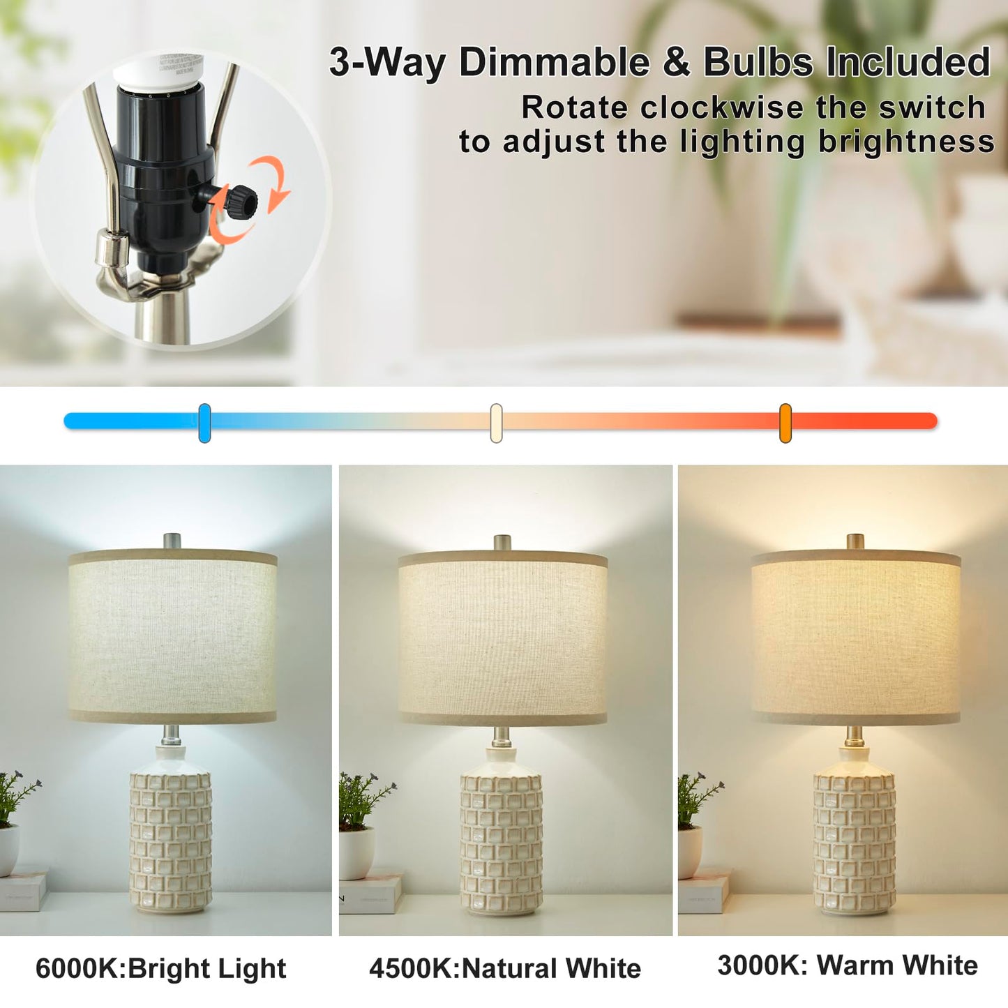 Luvkczc Moderne Keramiklampen für Schlafzimmer, 2er-Set, 3-Farbtemperatur-Tischlampe, Nachttischlampe, Schreibtisch-Leselampe mit Stoffschirm in Trommelform für Schlafzimmer, Wohnzimmer, 2 Glühbirnen enthalten (21,4 Zoll)