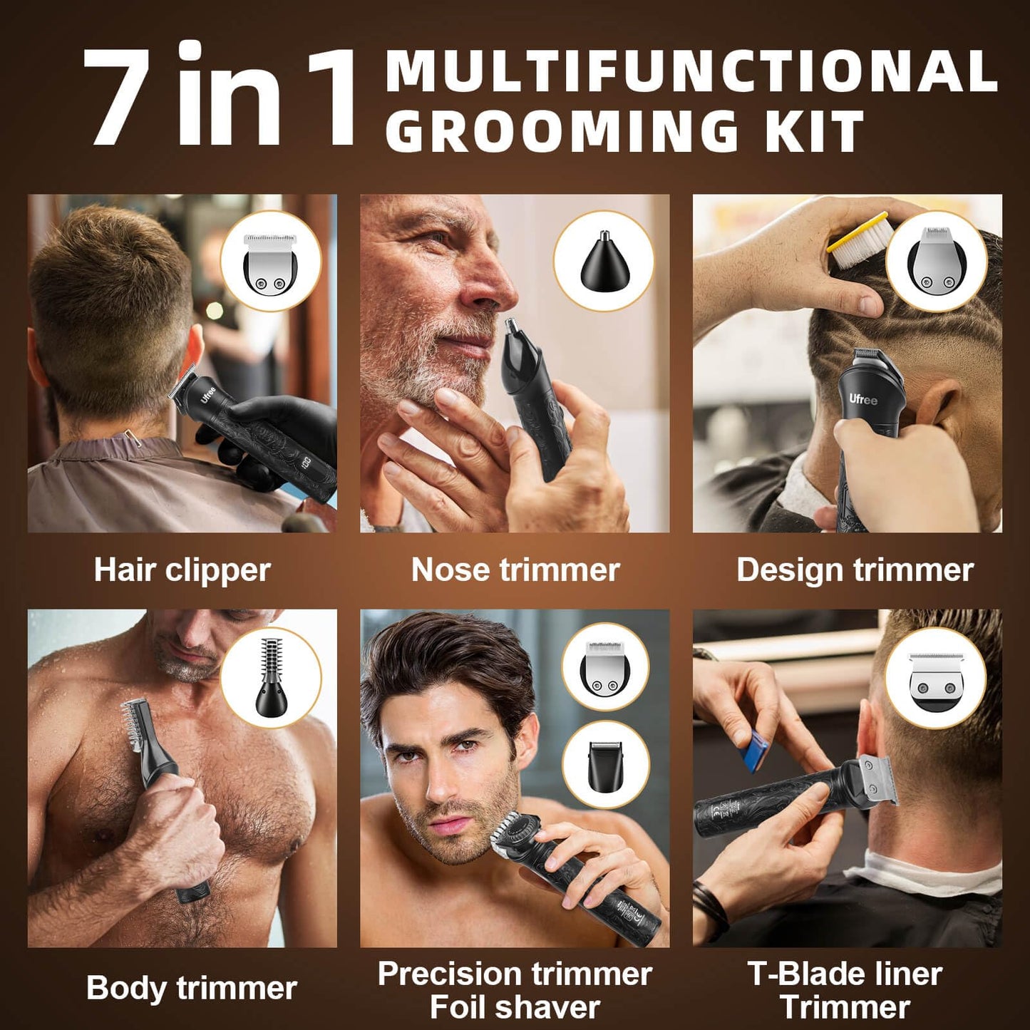 Ufree Beard Trimmer for Men, Electric Razor Shavers, Cordless Hair Clippers, Shaving Kit for Mustache, Body, Nose, Ear and Face, 7 in 1 Beard Grooming Kit, Gifts for Men