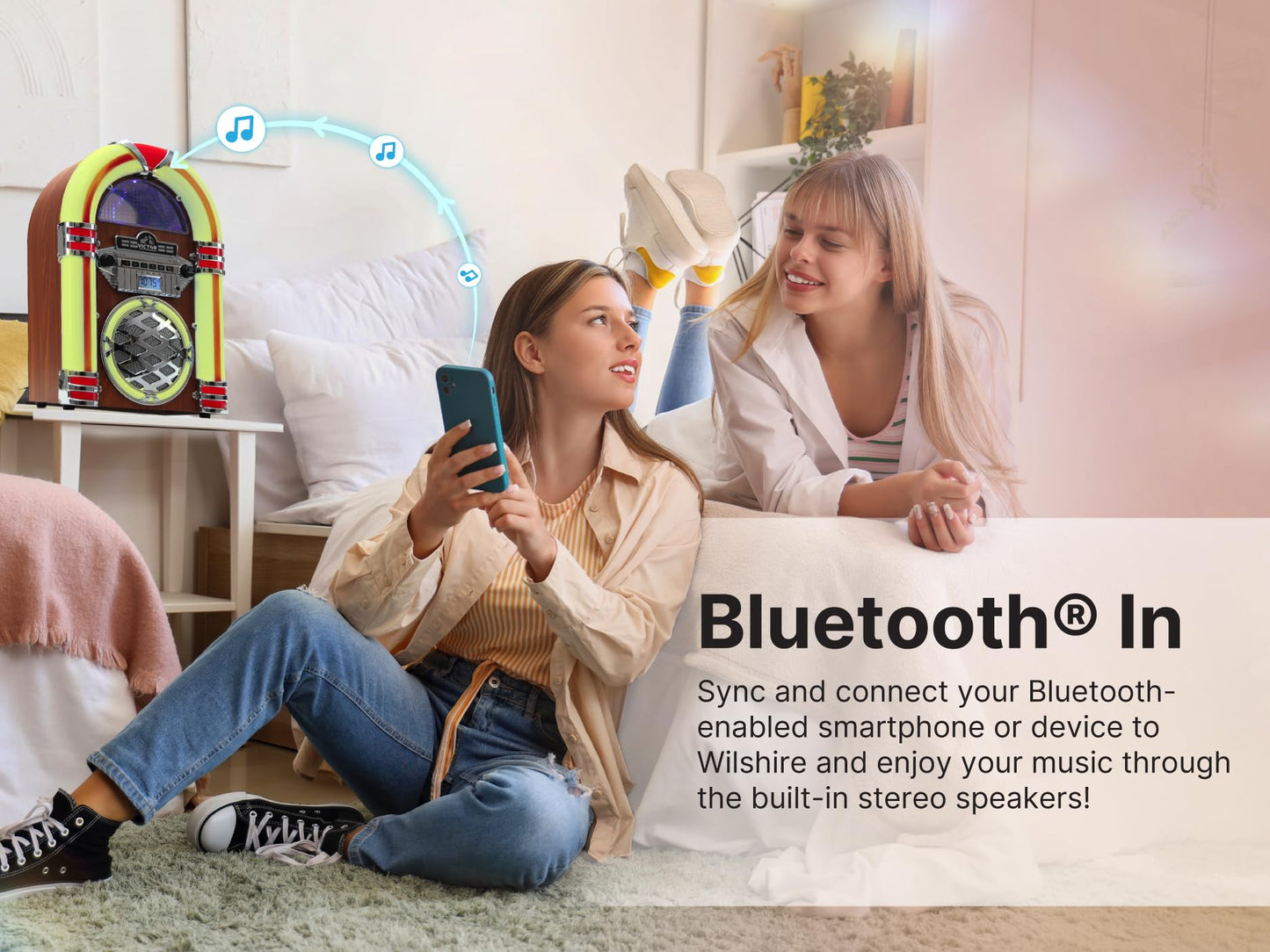 VICTOR Wilshire Desktop Bluetooth Jukebox mit FM-Radio, integriertem Stereolautsprecher und mehrfarbiger LED-Beleuchtung, Schwarz (VDTJ-1450-BK)