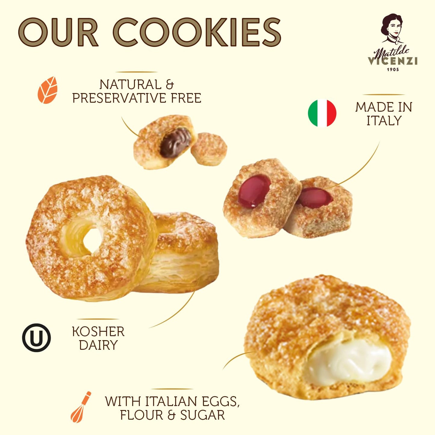 Millefoglie D'Italia Fine Selection of Italian Puff Pastries, Assortment of Vanilla, Chocolate, Butter & Raspberry Cookies, 13.23 oz (375g)