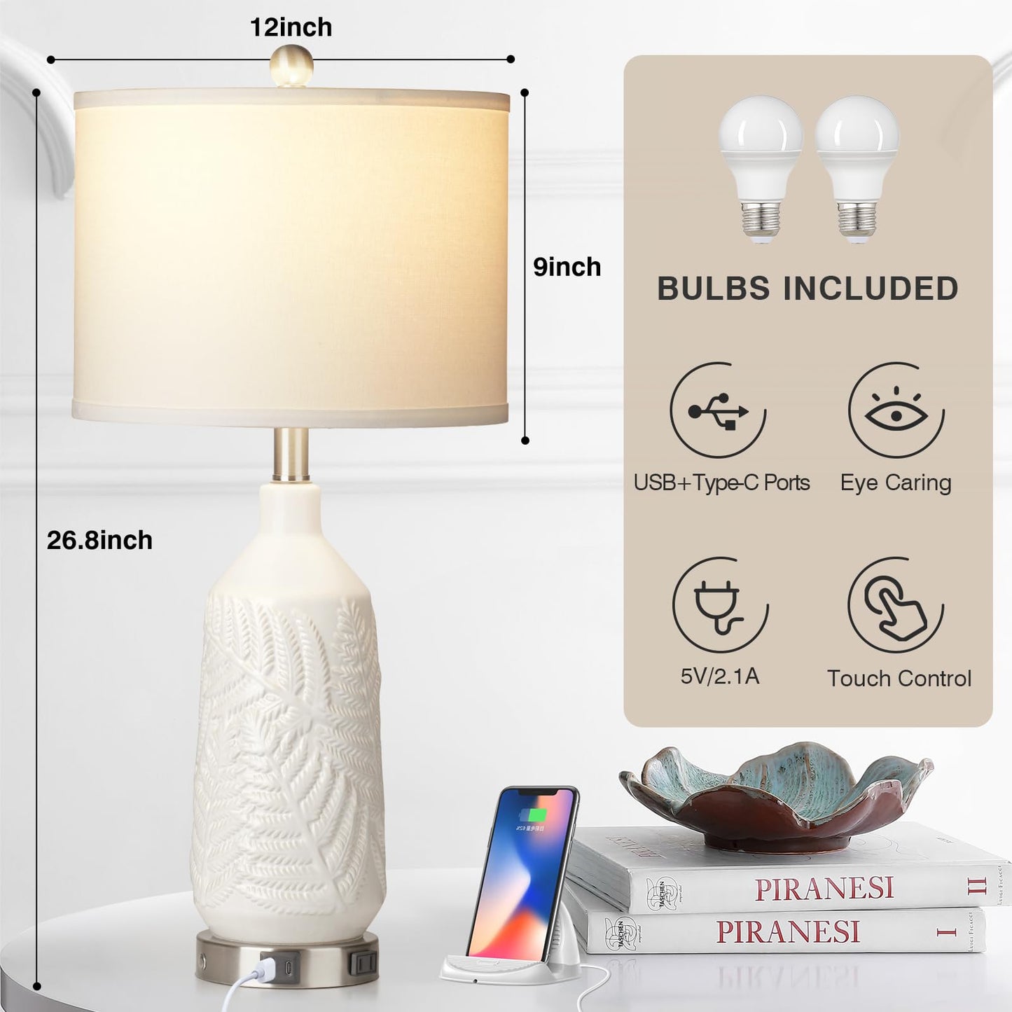 27-Zoll-Tischlampen aus Glas, 2er-Set mit Nachtlicht, moderne Nachttischlampen mit 3-Wege-Touch-Steuerung, USB-A+C-Anschlüssen und AC-Steckdose, gelbe Nachttischlampen im Boho-Stil für das Wohnzimmer im Schlafzimmer