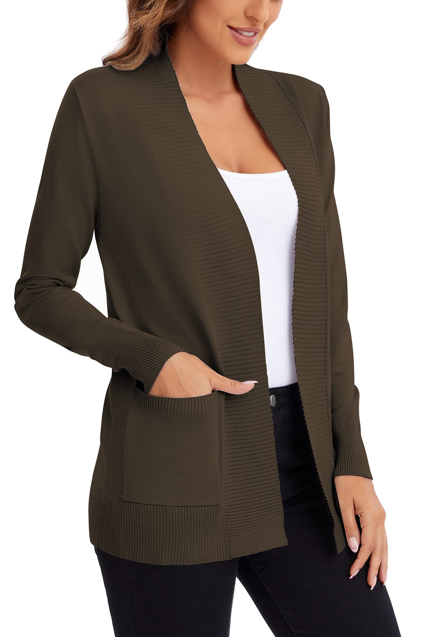 Urban CoCo Leichter Strickjacke für Damen mit offener Vorderseite, lange Ärmel, mit Tasche