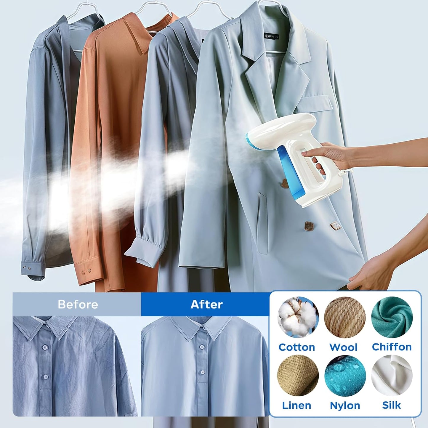Steamer for Clothes, 1300W Powerful Fast-Heating Handheld Garment and Clothes Steamer with Large 230ml Tank, Auto-Off Safety, Includes Brush, Perfect for Home and Travel Wrinkle Removal