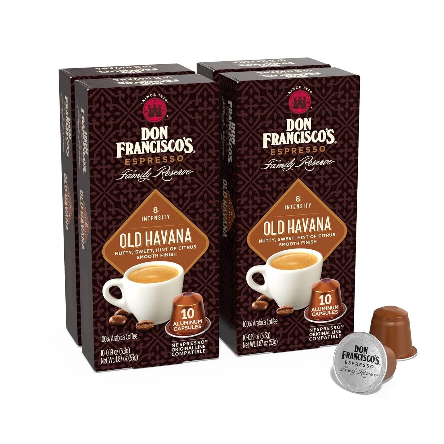 Don Francisco's and Cafe La Llave Espresso Capsule Variety Pack - 50 Recyclable Aluminum Pods Compatible with Nespresso Originalline - Premium Coffee with 4 Flavors and Intensities