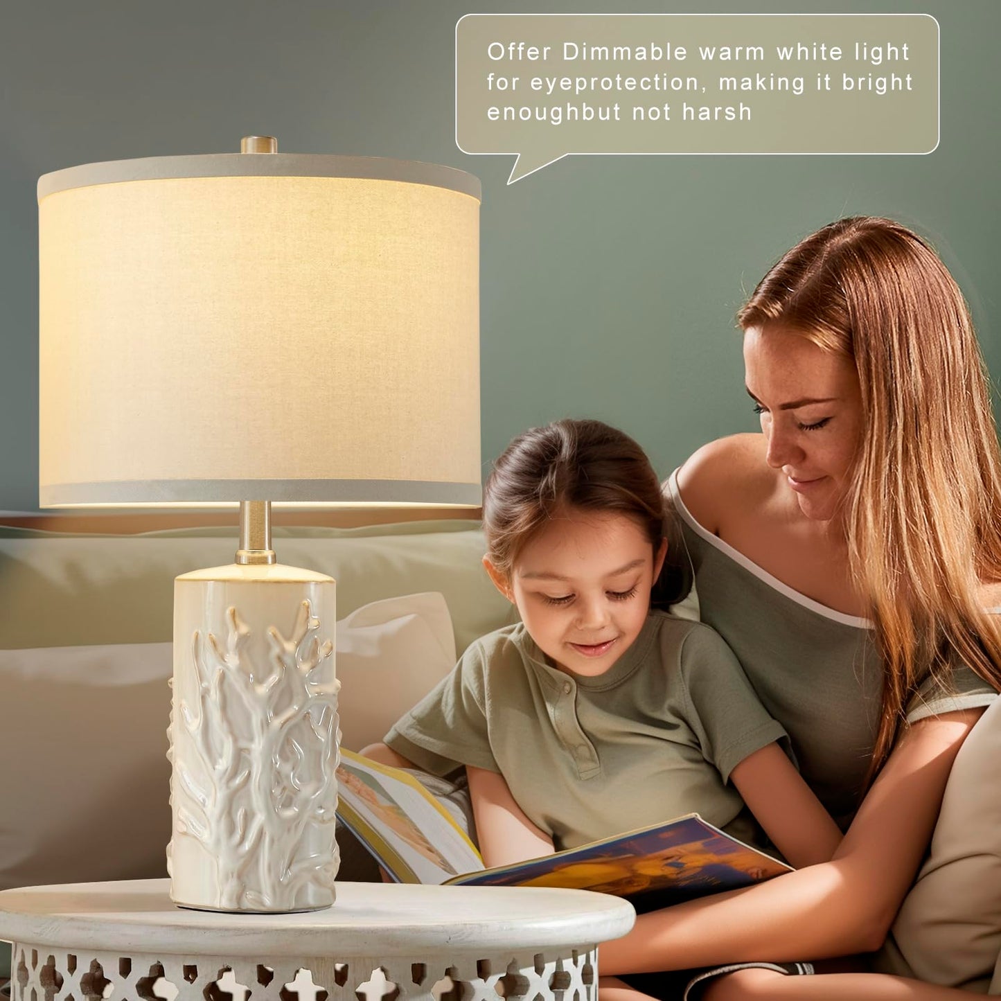 Luvkczc Moderne Keramiklampen für Schlafzimmer, 2er-Set, 3-Farbtemperatur-Tischlampe, Nachttischlampe, Schreibtisch-Leselampe mit Stoffschirm in Trommelform für Schlafzimmer, Wohnzimmer, 2 Glühbirnen enthalten (21,4 Zoll)