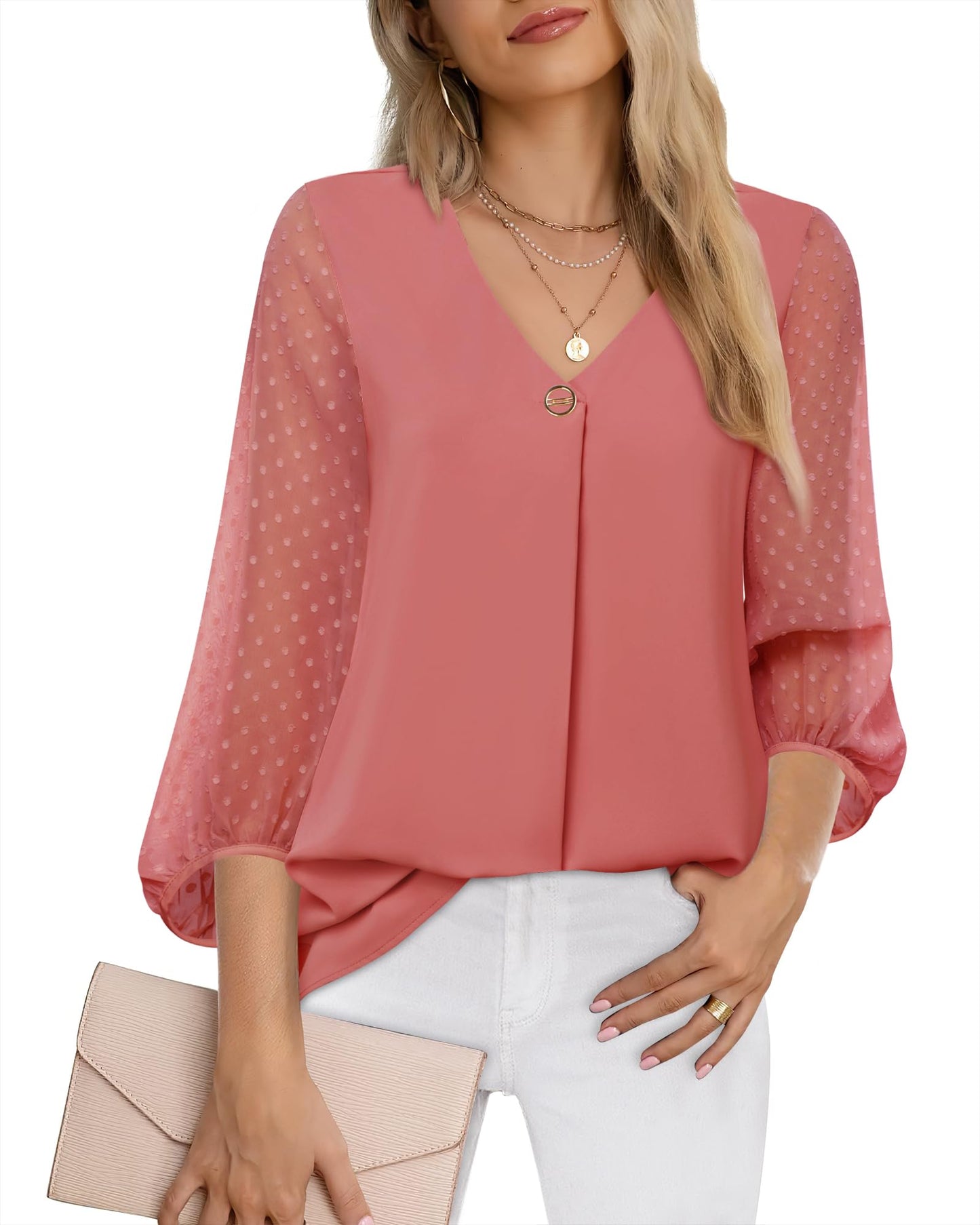 Bebonnie Damen Chiffonbluse mit Laternenmuster, 3/4-Ärmel, lässig, locker, V-Ausschnitt