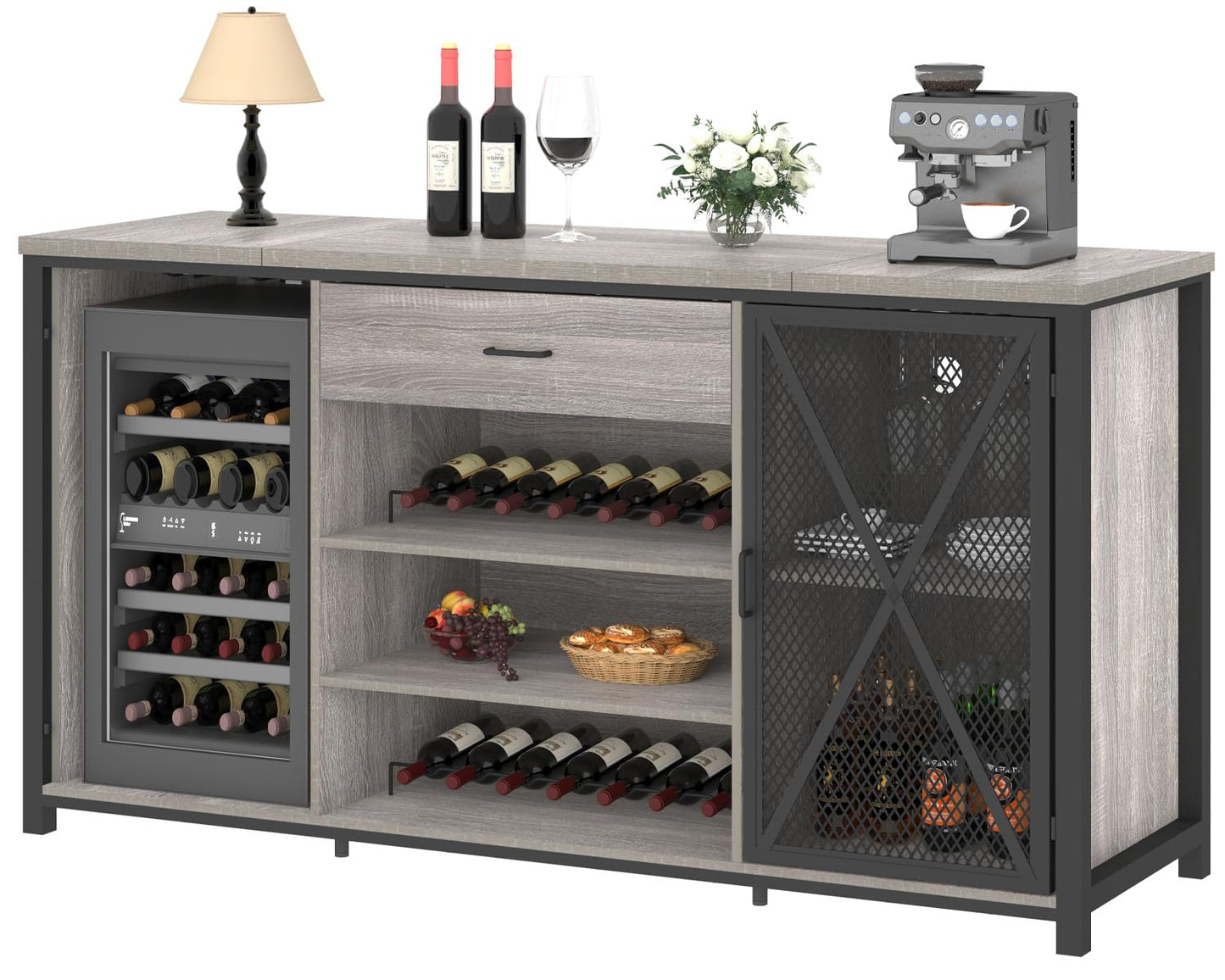 LVB Langer Barschrank mit Platz für den Kühlschrank, großer Spirituosenschrank im Landhausstil mit Schubladen, großer Weinschrank aus rustikalem Holz und Metall mit Regal, modernes Sideboard-Buffet für Küche und Esszimmer, grau, 70 Zoll