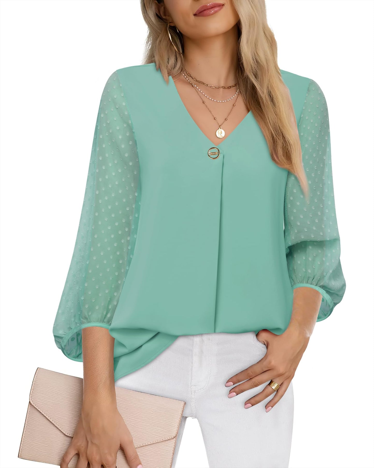 Bebonnie Damen Chiffonbluse mit Laternenmuster, 3/4-Ärmel, lässig, locker, V-Ausschnitt