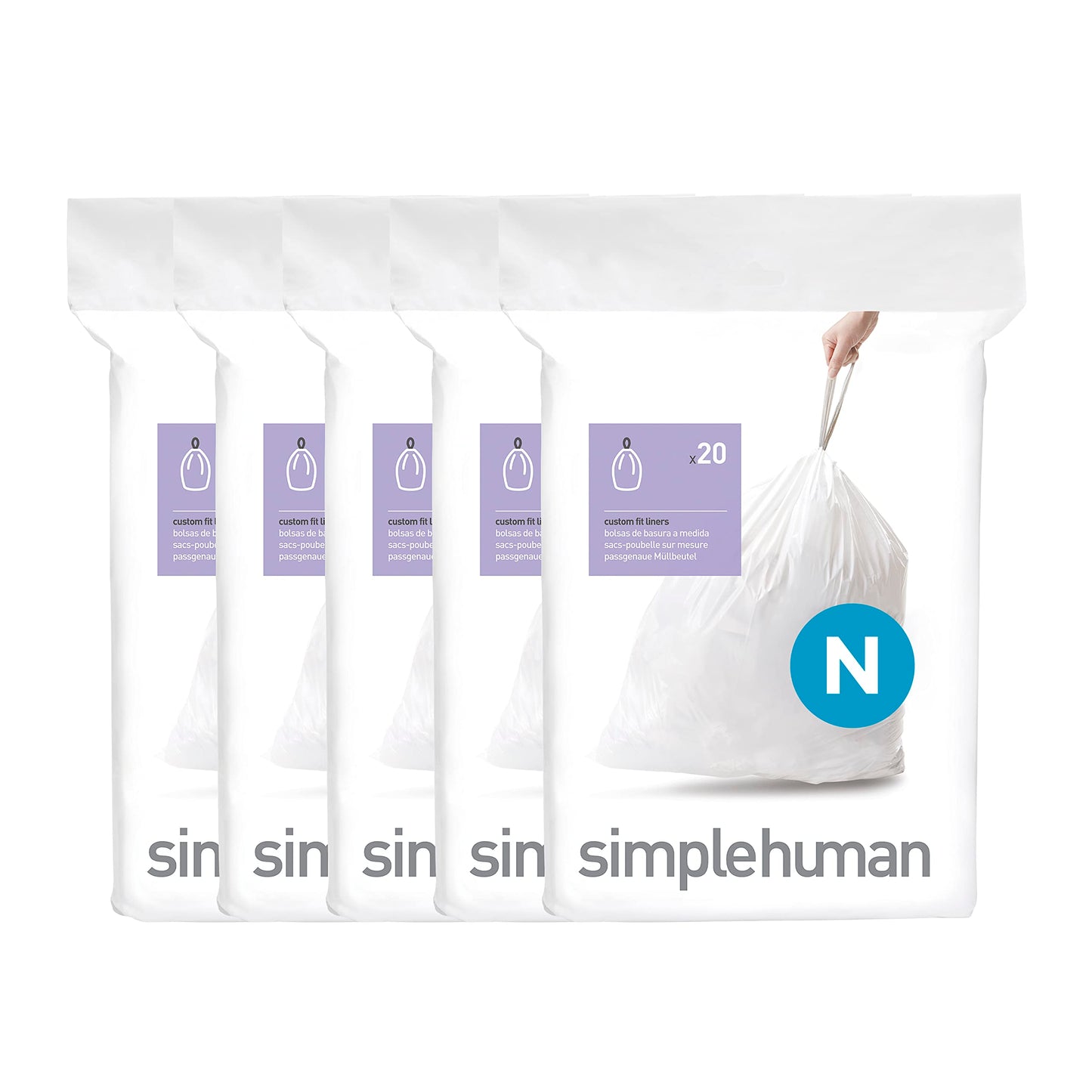 simplehuman Code H 60 Count, Genuine Custom Fit Liners, Drawstring Trash Bags in Dispenser Packs, 30-35 Liter / 8-9.2 Gallon, White