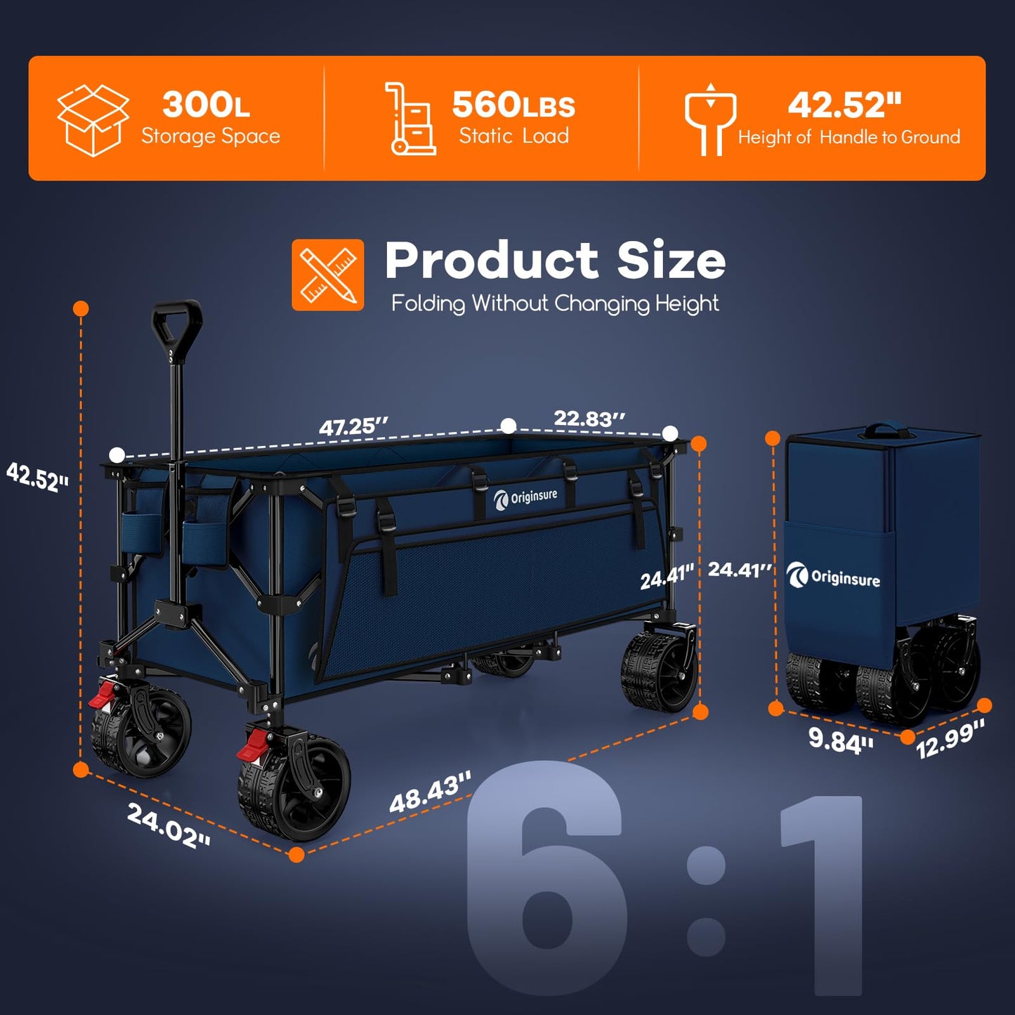 48" L Collapsible Wagon Cart Foldable, 560LB Weight Capacity 300L Heavy Duty Folding Beach Wagons with Big All-Terrain Wheels, Utility Carts for Groceries, Shopping, Camping, Sports - Black