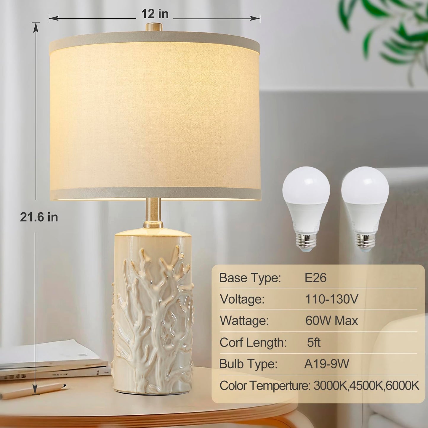 Luvkczc Moderne Keramiklampen für Schlafzimmer, 2er-Set, 3-Farbtemperatur-Tischlampe, Nachttischlampe, Schreibtisch-Leselampe mit Stoffschirm in Trommelform für Schlafzimmer, Wohnzimmer, 2 Glühbirnen enthalten (21,4 Zoll)