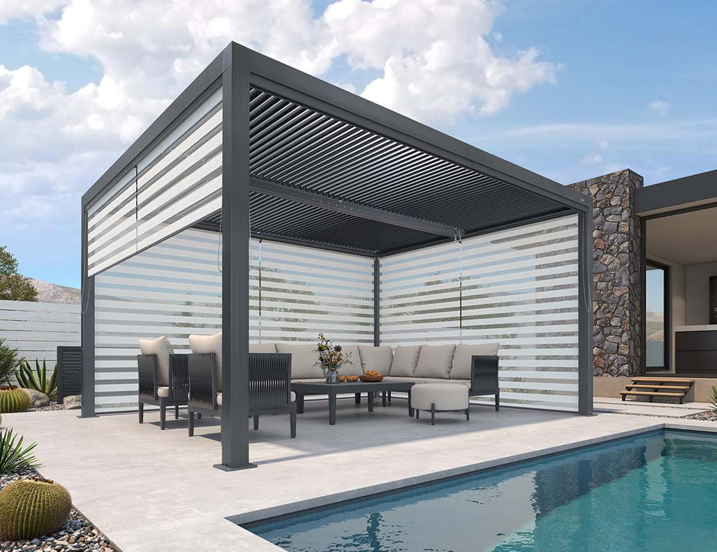 PURPLE LEAF Lamellenpergola 94AS, 3,3 x 4,3 m, Aluminium-Pergola für den Außenbereich mit Sonnenschutz, verstellbarem Dach für Terrasse, Hinterhof, grauer Pavillon mit festem Dach, 1 lange Seite und 2 kurze Seiten
