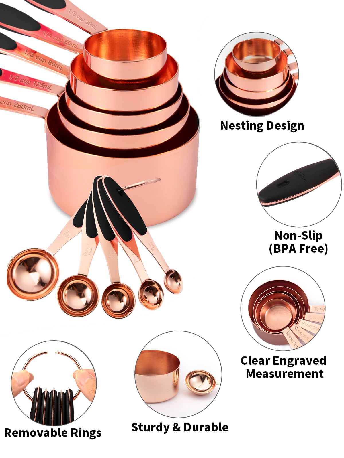 Ensemble de 10 tasses et cuillères à mesurer en acier inoxydable Joyhill, ensemble de tasses à mesurer emboîtables en métal avec poignées en silicone doux au toucher pour ingrédients secs et liquides, cuisine et pâtisserie (noir)