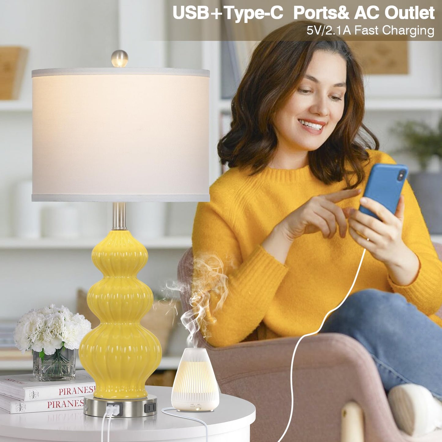 27-Zoll-Tischlampen aus Glas, 2er-Set mit Nachtlicht, moderne Nachttischlampen mit 3-Wege-Touch-Steuerung, USB-A+C-Anschlüssen und AC-Steckdose, gelbe Nachttischlampen im Boho-Stil für das Wohnzimmer im Schlafzimmer
