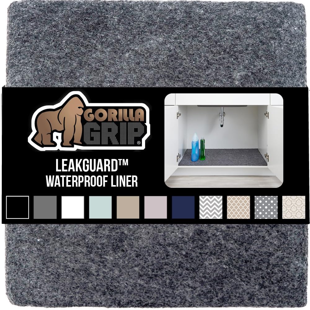Gorilla Grip LeakGuard, nicht klebende Unterspülmatte für Küchenschränke, 24 x 40, wasserdichte, schnell trocknende Regaleinlage, langlebige, saugfähige Filzmatten für Badezimmerwaschbecken, Schränke, Kommoden, Damast, Taupe-Creme