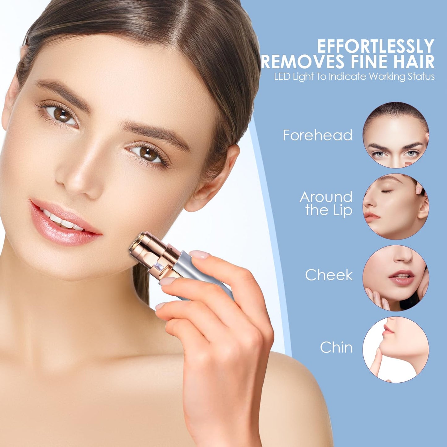 Eyebrow Facial Trimmer: 2 in1 Rechargeable Facial Hair Removal and Eyebrow Shaver - Face Lips Body Painless Facial Razor with Built-in LED Light (Rose Gold)