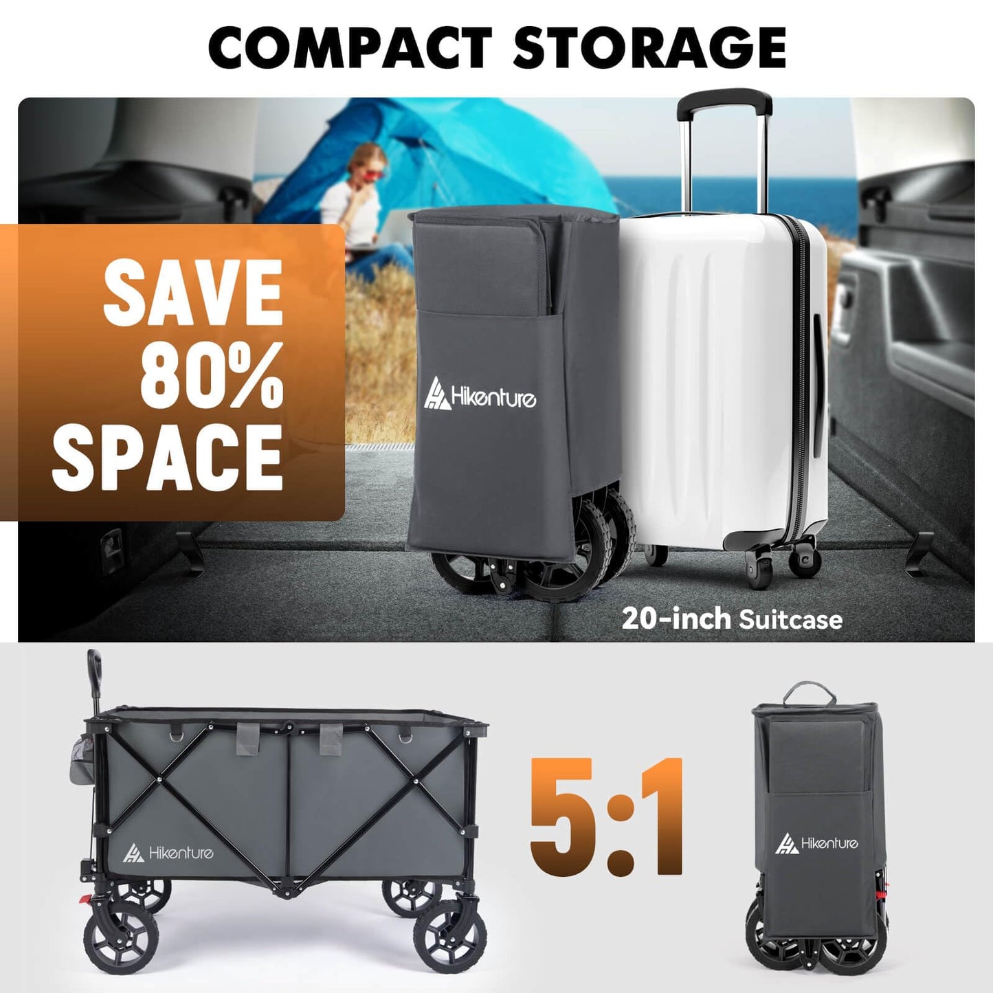 Hikenture Folding Wagon Cart, Portable Large Capacity Beach Wagon, Heavy Duty Utility Collapsible Wagon with All-Terrain Wheels, Outdoor Garden Cart Foldable Wagon for Sports, Shopping, Camping(Black)