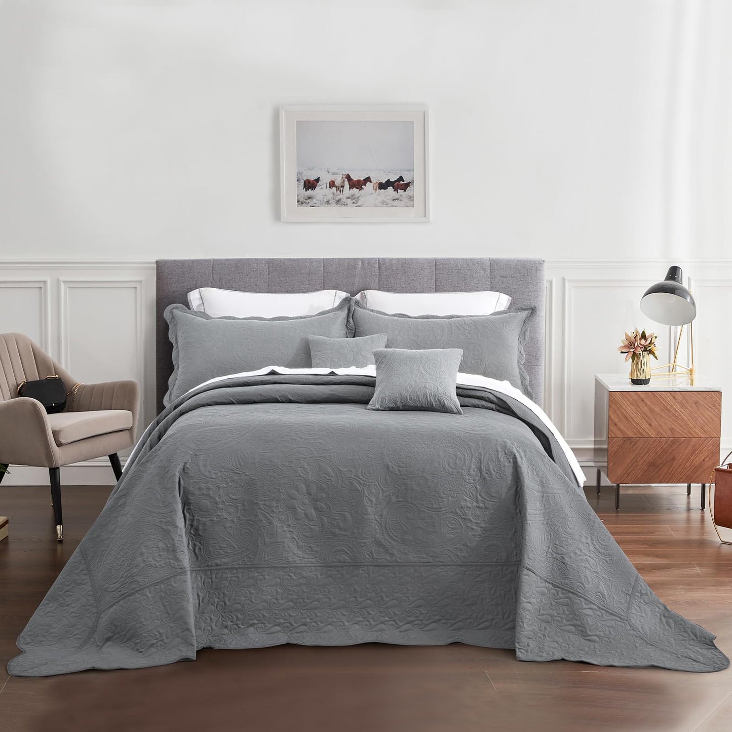 Oversized King Bedspread 128x120 Extra Wide, Paisley Pattern Design, Lightweight Bedding Cover, Reversible, 5 Piece, 100% Microfiber, King/Cal King, Pure White