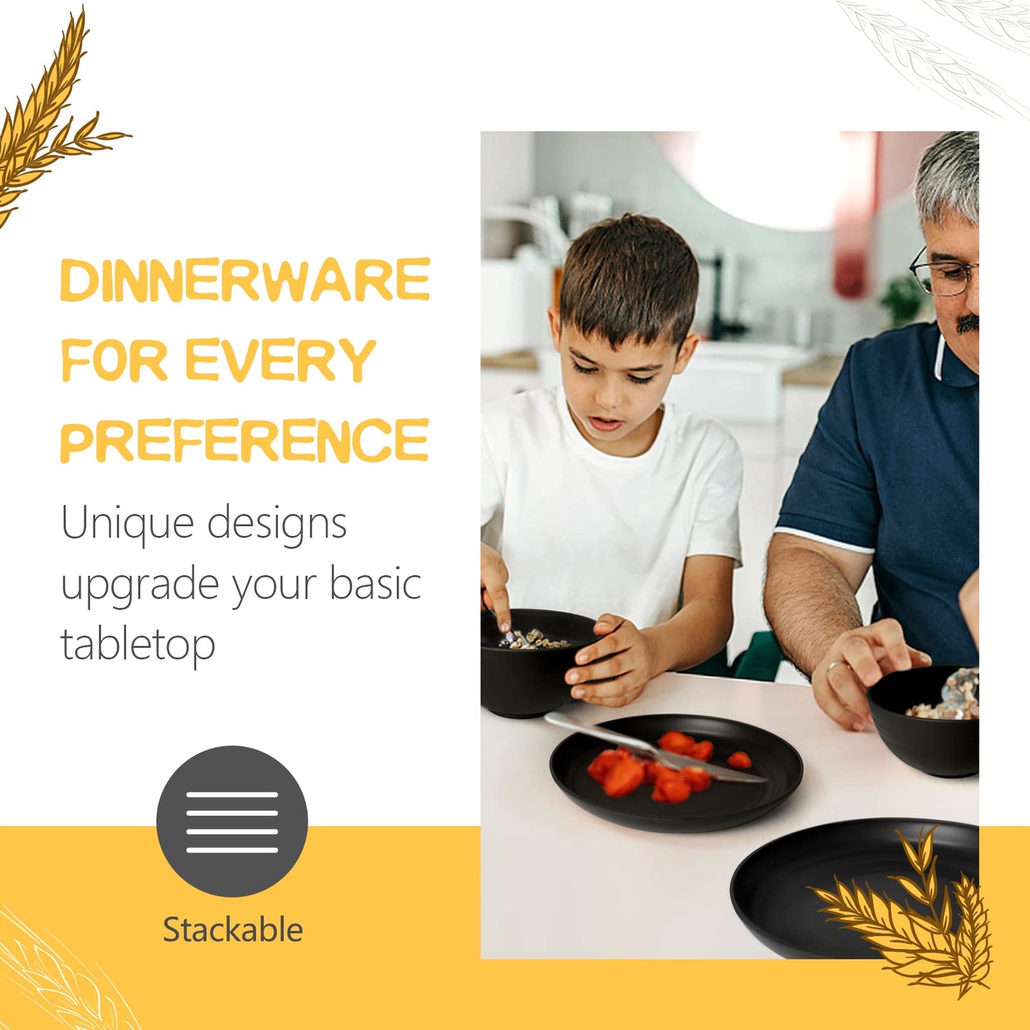 Teivio 16-Piece Kitchen Plastic Wheat Straw Dinnerware Set, Service for 4, Dinner Plates, Dessert Plate, Cereal Bowls, Cups, Unbreakable Plastic Outdoor Camping Dishes, Grey
