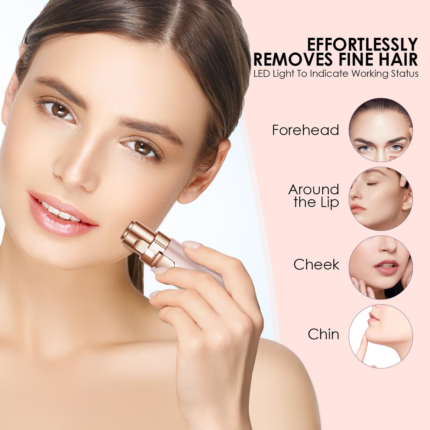 Eyebrow Facial Trimmer: 2 in1 Rechargeable Facial Hair Removal and Eyebrow Shaver - Face Lips Body Painless Facial Razor with Built-in LED Light (Rose Gold)