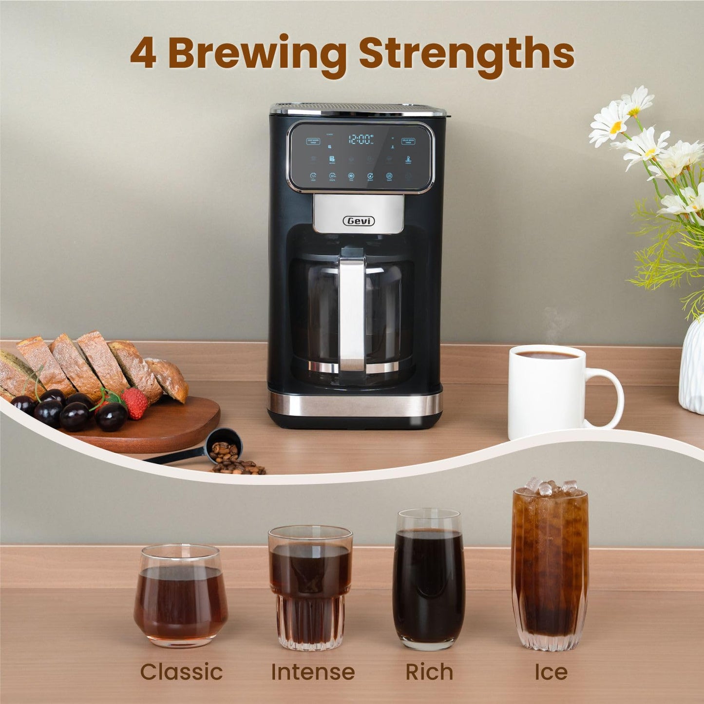 Gevi programmierbare Filterkaffeemaschine für 12 Tassen mit Touchscreen, schnelles und starkes Brühen, automatische Abschaltung, 4-Stunden-Warmhalteplatte, Eiskaffee-Option, Tropfschutzsystem, Permanentfilter