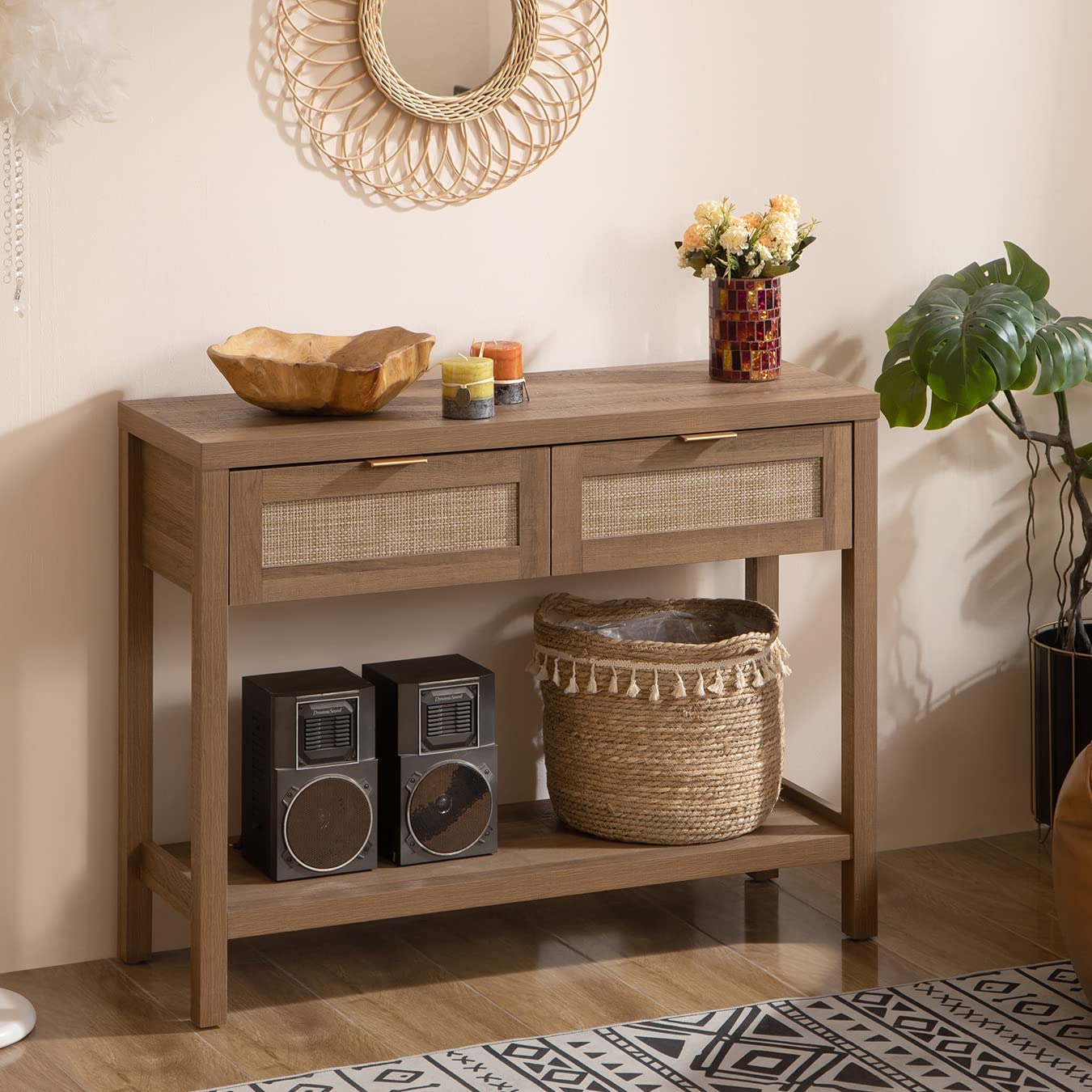 SICOTAS Console Table Set of 2 - Boho Entryway Table with Storage and Rattan Drawers, 2 Tier Shelf, Narrow Long Sofa Tables for Living Room, Natural Wood Entry Table for Hallway, Foyer, Light Oak