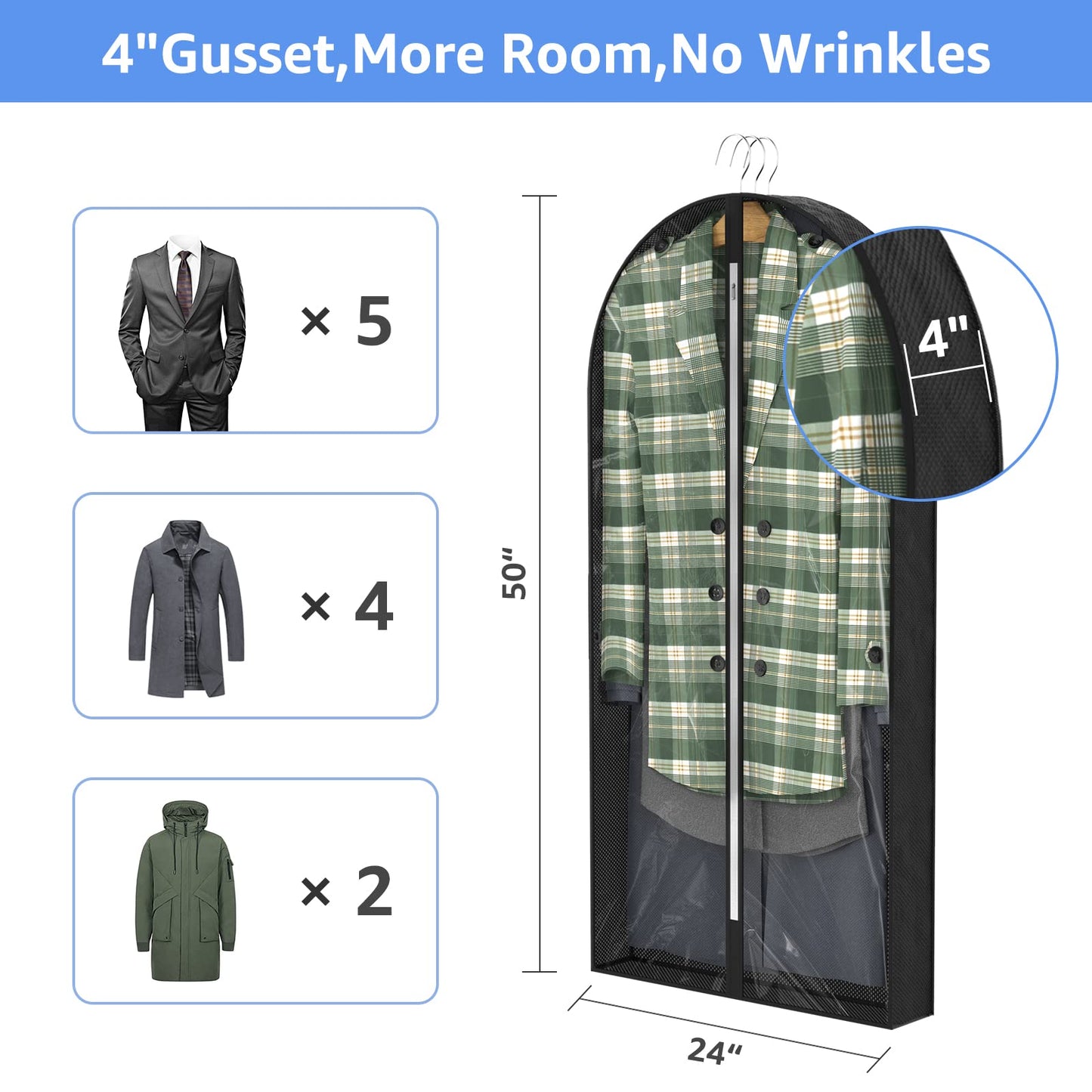 Sacs à vêtements transparents de 50 po pour suspendre des vêtements dans un placard avec soufflets de 4 po, sac de protection pour costumes pour robes, manteaux longs, vestes, pulls, chemises, 3 paquets, noir