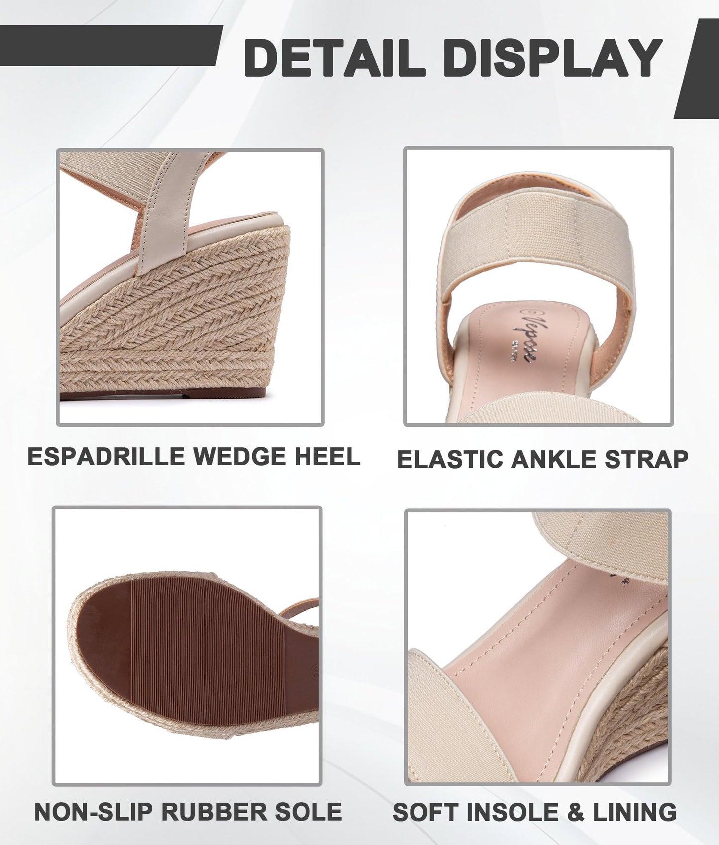 Vepose Damen 881 Keilsandalen Elastischer Fesselriemen Espadrilles Plateau Offene Zehenpartie High Heel Stretch Textil Brautschuhe