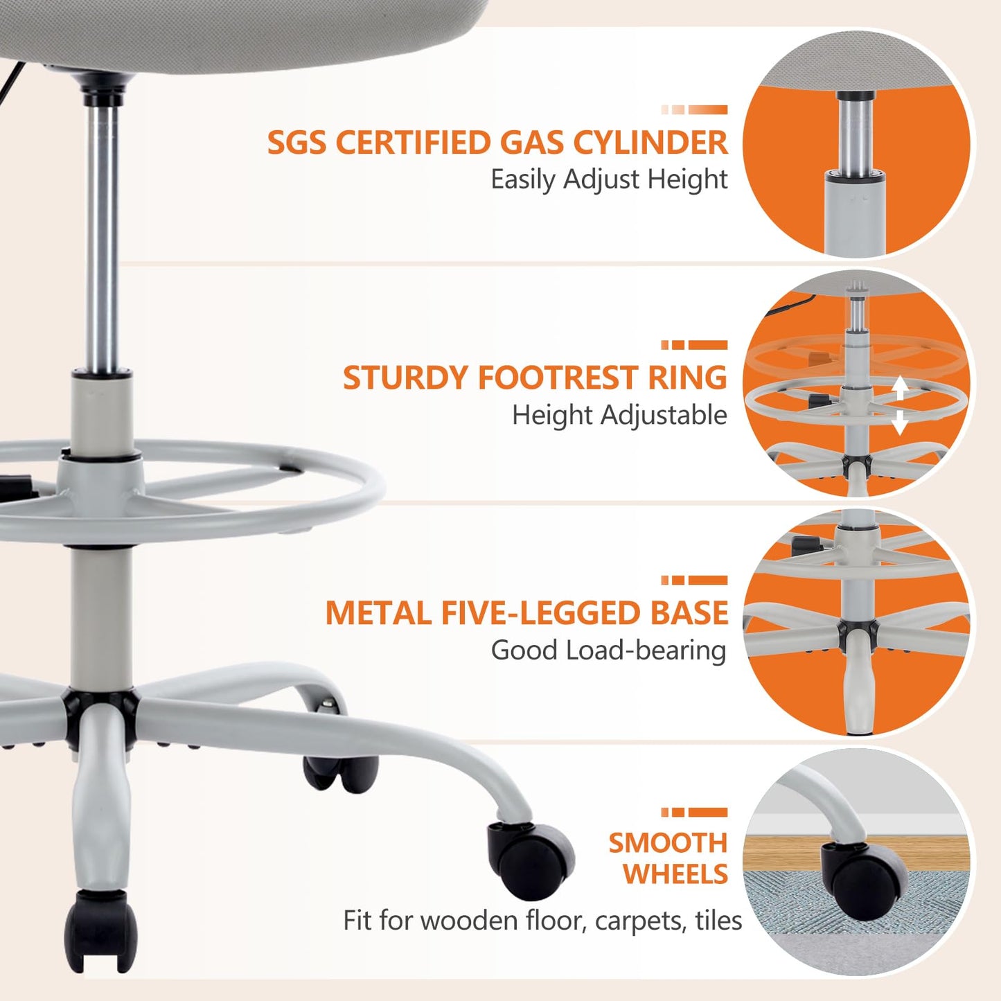 Sweetcrispy Home Office Drafting Desk Chair - Ergonomic High Stool Computer with Adjustable Height and Comfy Lumbar Support, Tall Rolling Task for Standing Desk with Fixed Arm and Footrest, Black