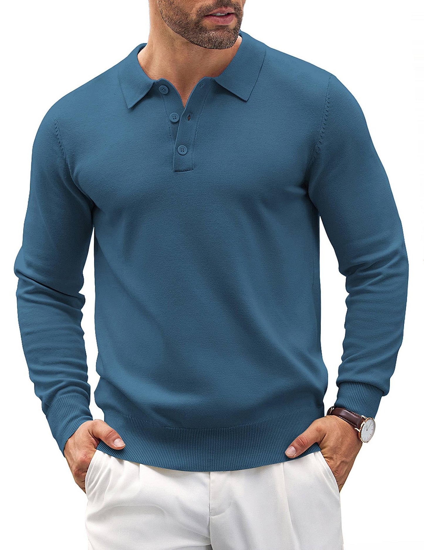 COOFANDY Mens Knit Polo Shirts Casual Long Sleeve Classic Polo Shirts Button Down Golf Shirts