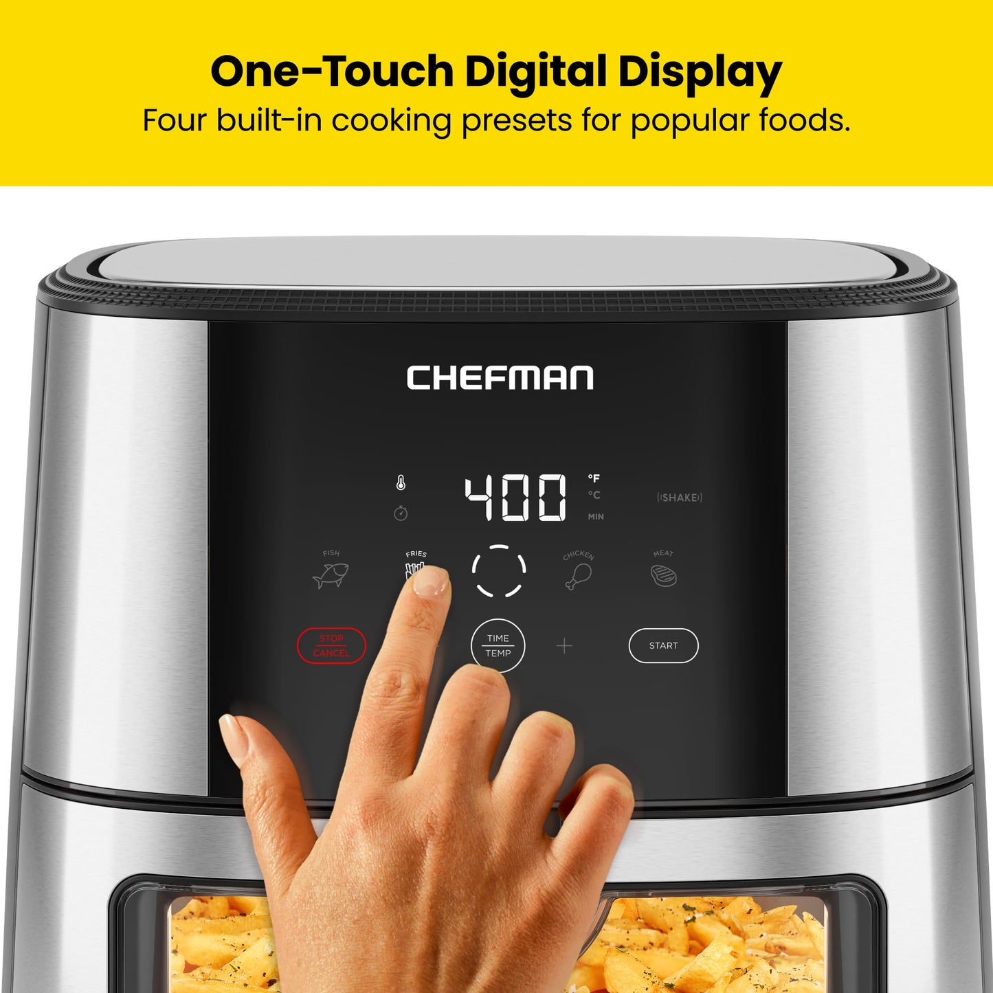 Chefman TurboFry® Touch Heißluftfritteuse, XL 8-Qt Familiengröße, digitale One-Touch-Voreinstellungen, Pommes Frites, Hähnchen, Fleisch, Fisch, antihaftbeschichtete, spülmaschinenfeste Teile, automatische Abschaltung, Edelstahl