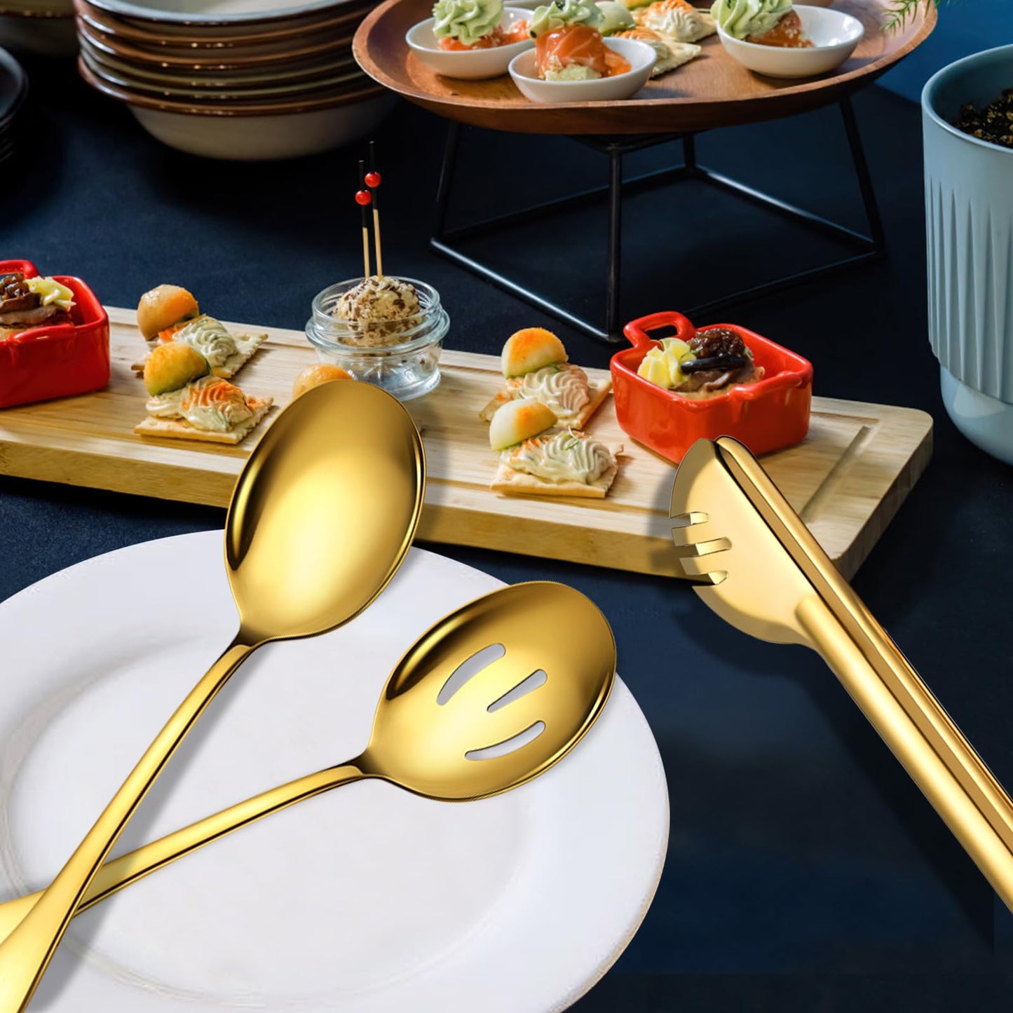 Large Stainless Steel Serving Utensils Set 15 Pcs with 10" Serving Spoon,10" Slotted Spoons,10" Serving Forks,9.5" Serving Tongs,Soup Ladle,Pie Server,Cake/Butter Knife for Buffet/Parties