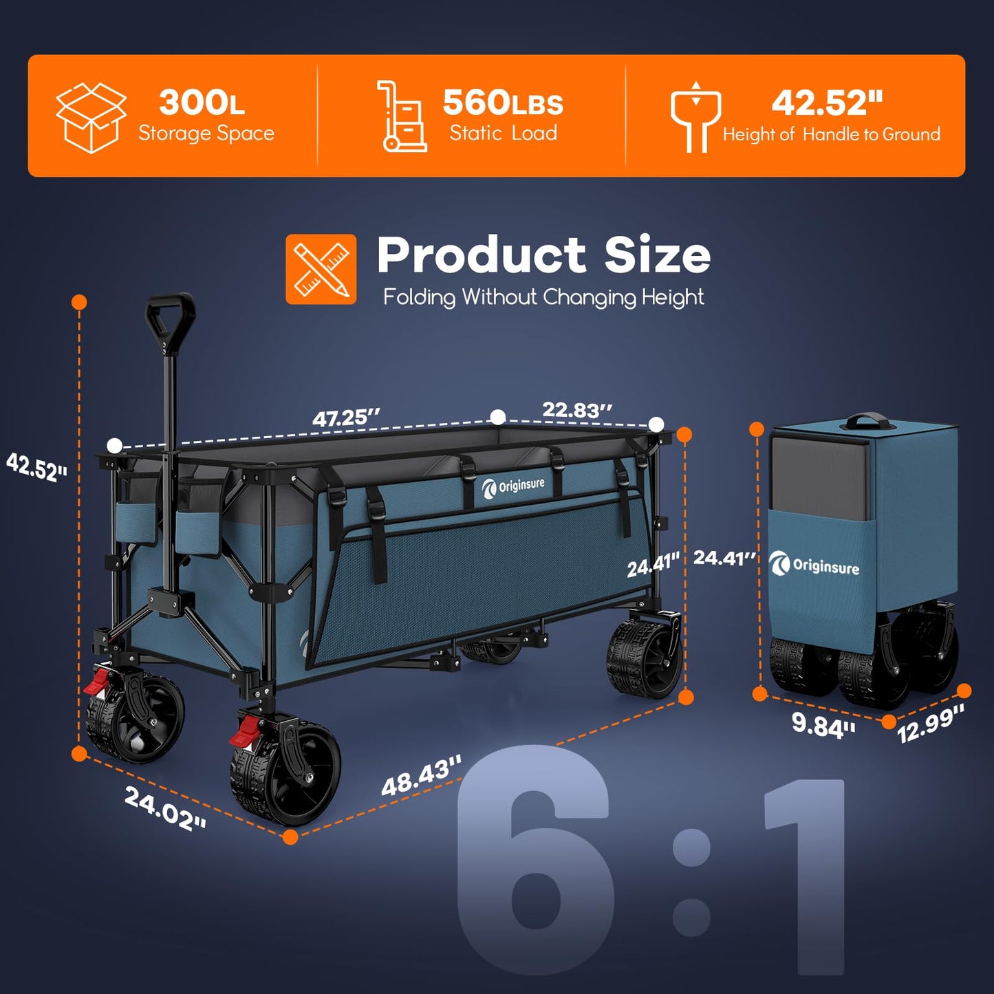 48" L Collapsible Wagon Cart Foldable, 560LB Weight Capacity 300L Heavy Duty Folding Beach Wagons with Big All-Terrain Wheels, Utility Carts for Groceries, Shopping, Camping, Sports - Black