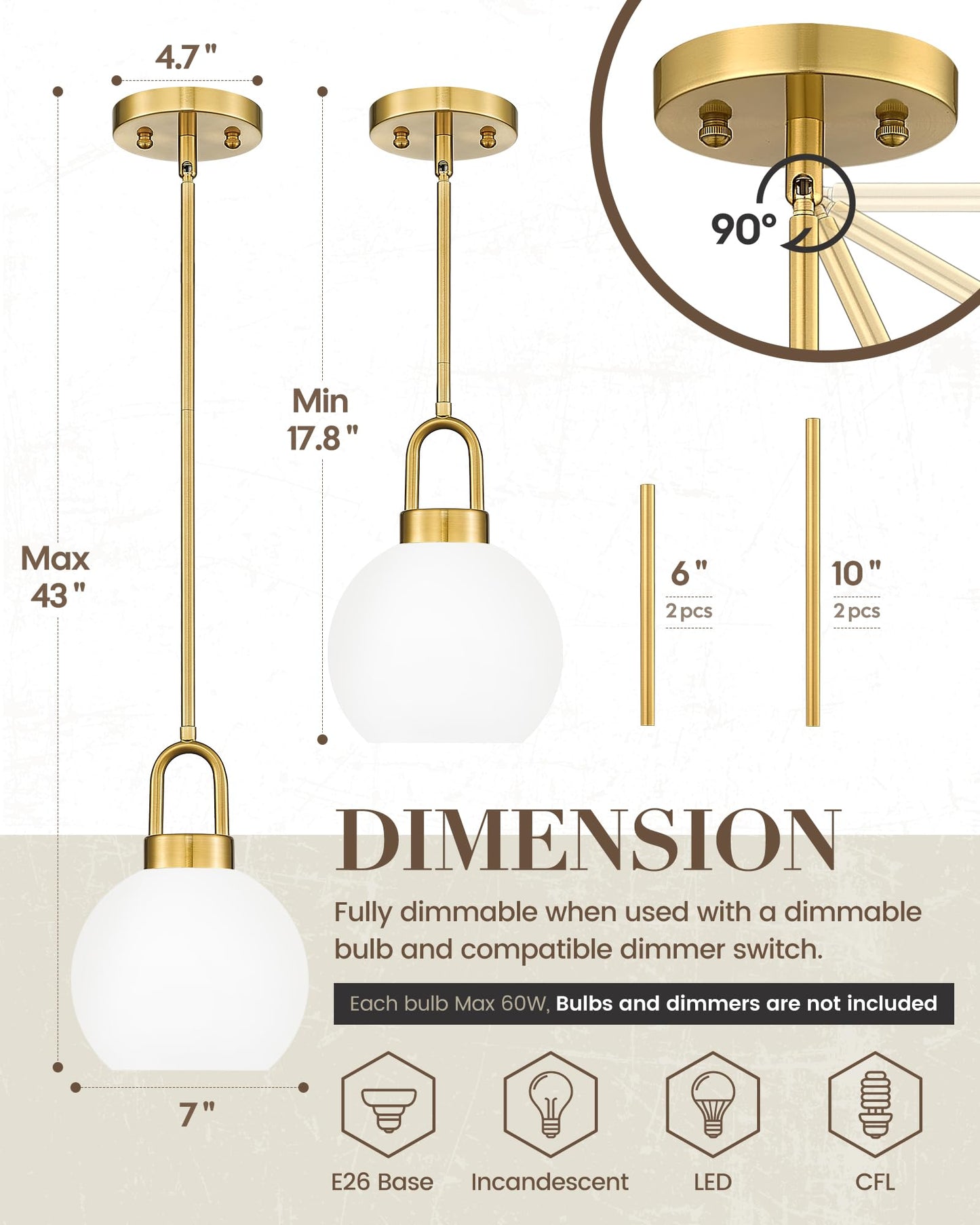 TENGXIN 7-Zoll-Pendelleuchte für Kücheninsel – gebürstetes Gold-Finish mit Milchglasschirm, eleganter Bauernhausstil, perfekt für Esszimmer oder Schlafzimmer, TXPLBG15-MG