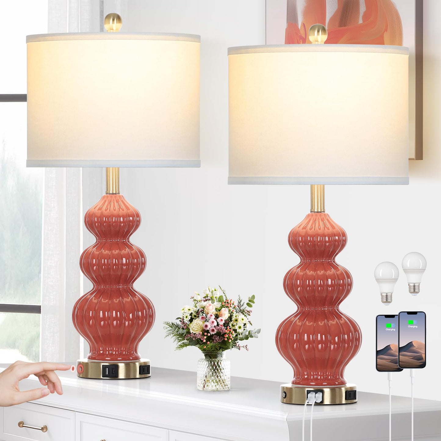 27-Zoll-Tischlampen aus Glas, 2er-Set mit Nachtlicht, moderne Nachttischlampen mit 3-Wege-Touch-Steuerung, USB-A+C-Anschlüssen und AC-Steckdose, gelbe Nachttischlampen im Boho-Stil für das Wohnzimmer im Schlafzimmer