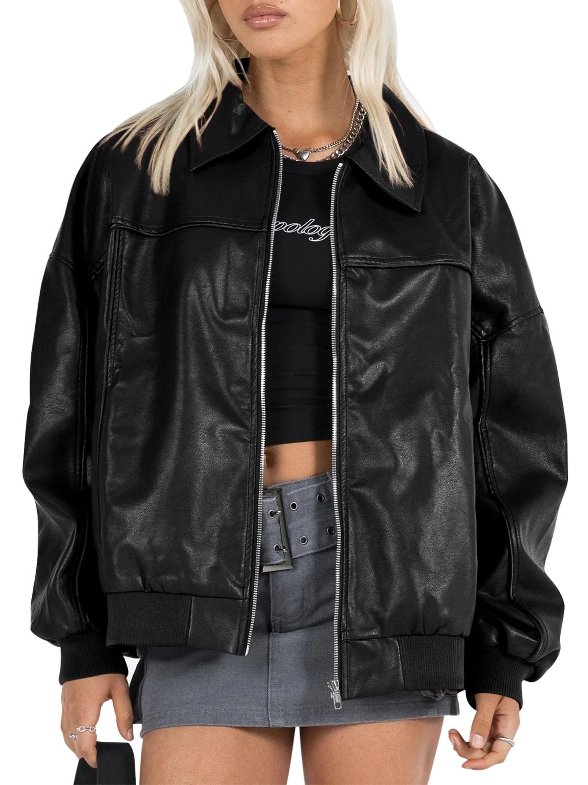 Tankaneo Womens Faux Leather Jackets Oversized Bomber Casual Fall Fashion Zip Up Moto Biker Coats