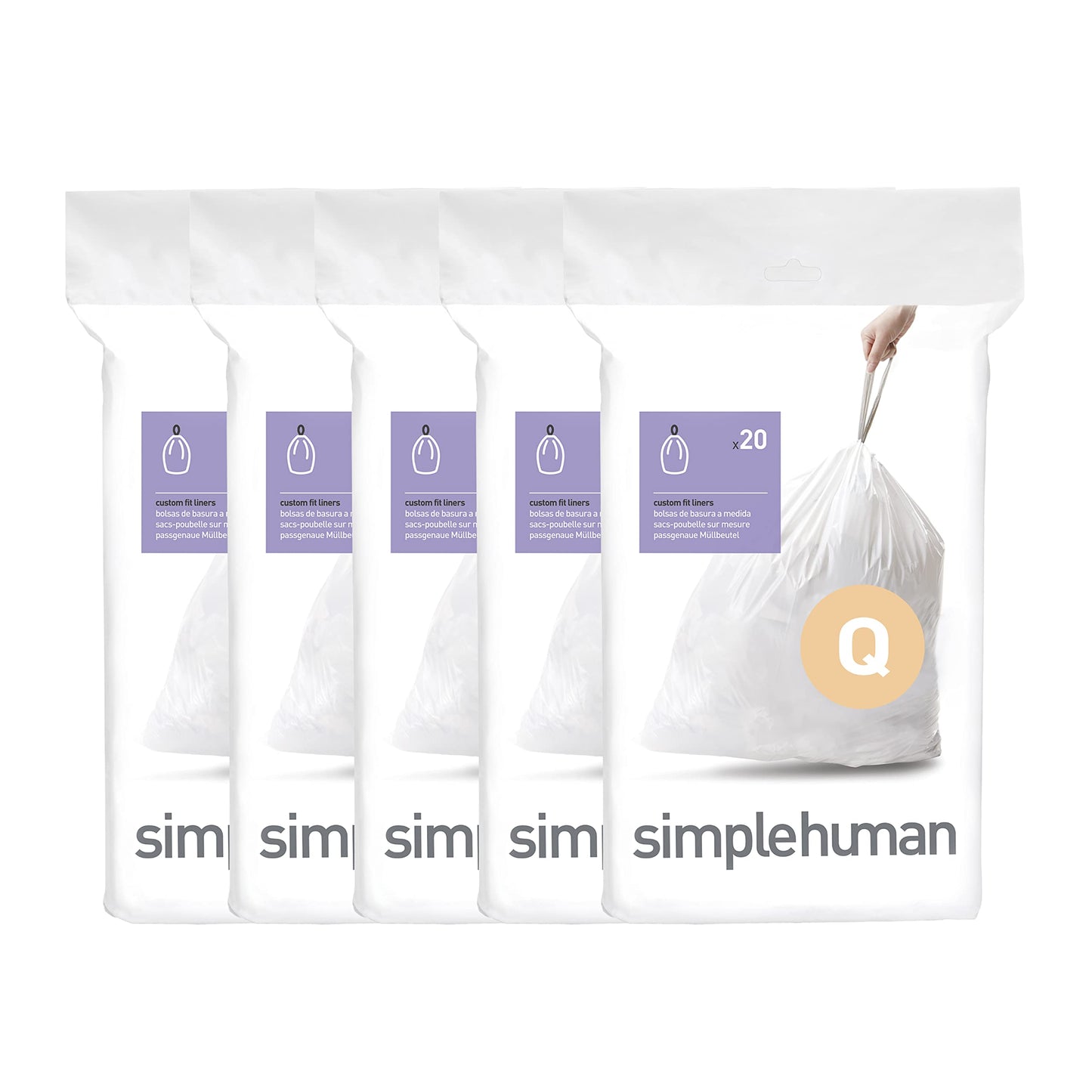 simplehuman Code H 60 Count, Genuine Custom Fit Liners, Drawstring Trash Bags in Dispenser Packs, 30-35 Liter / 8-9.2 Gallon, White