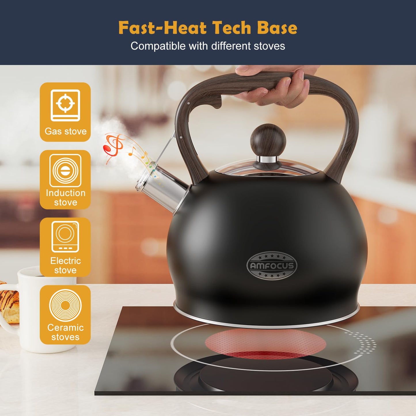 Tea Kettle Whistling Teapot for Stovetop : 2.64 Quart Food Grade Stainless Steel Tea Pot with Ergonomic Handle, Loud Whistle Camping Kettle for Tea, Coffee, Milk - Black