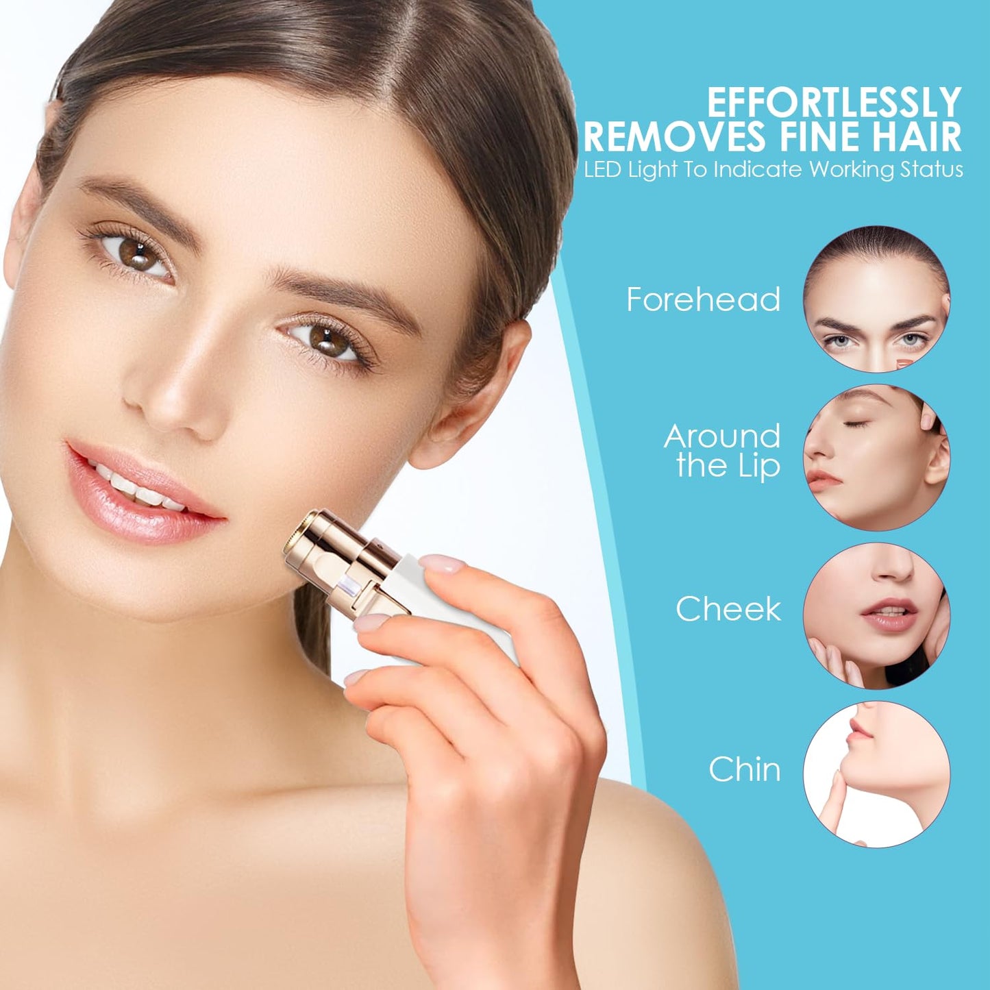 Eyebrow Facial Trimmer: 2 in1 Rechargeable Facial Hair Removal and Eyebrow Shaver - Face Lips Body Painless Facial Razor with Built-in LED Light (Rose Gold)