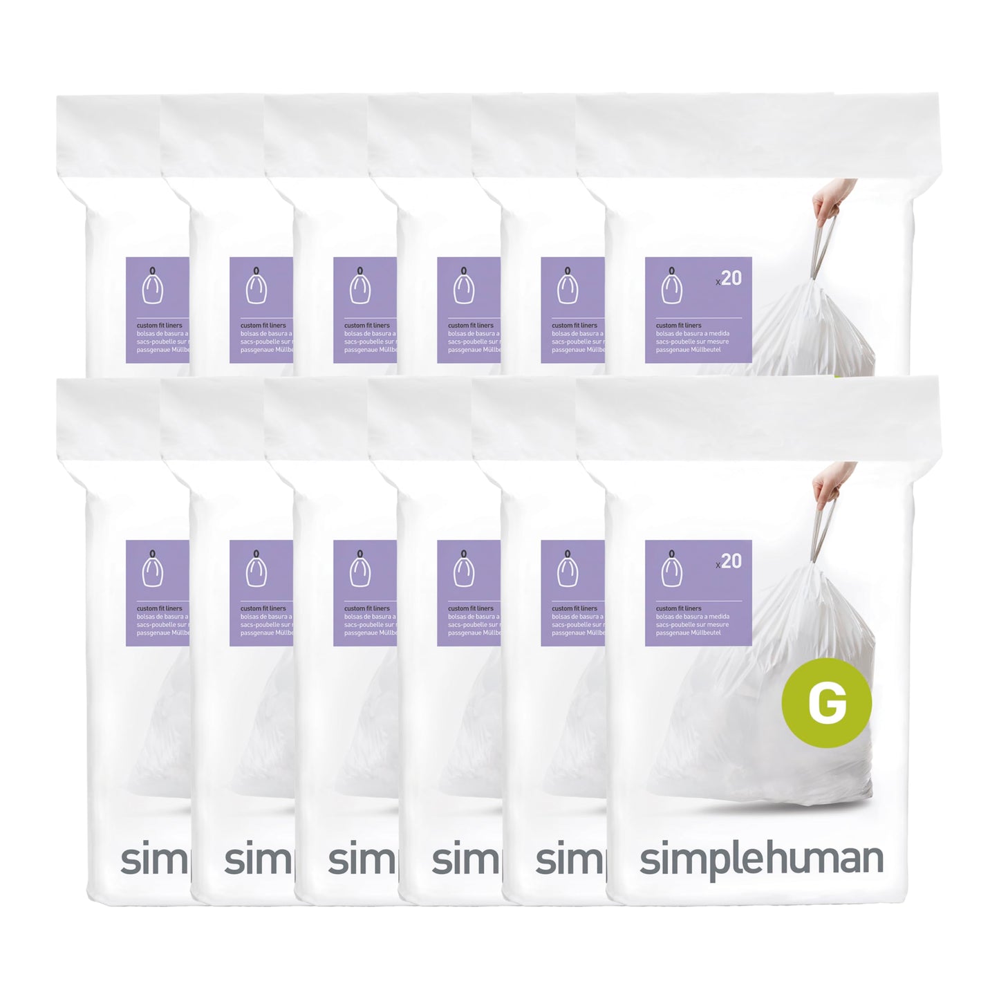 simplehuman Code H 60 Count, Genuine Custom Fit Liners, Drawstring Trash Bags in Dispenser Packs, 30-35 Liter / 8-9.2 Gallon, White
