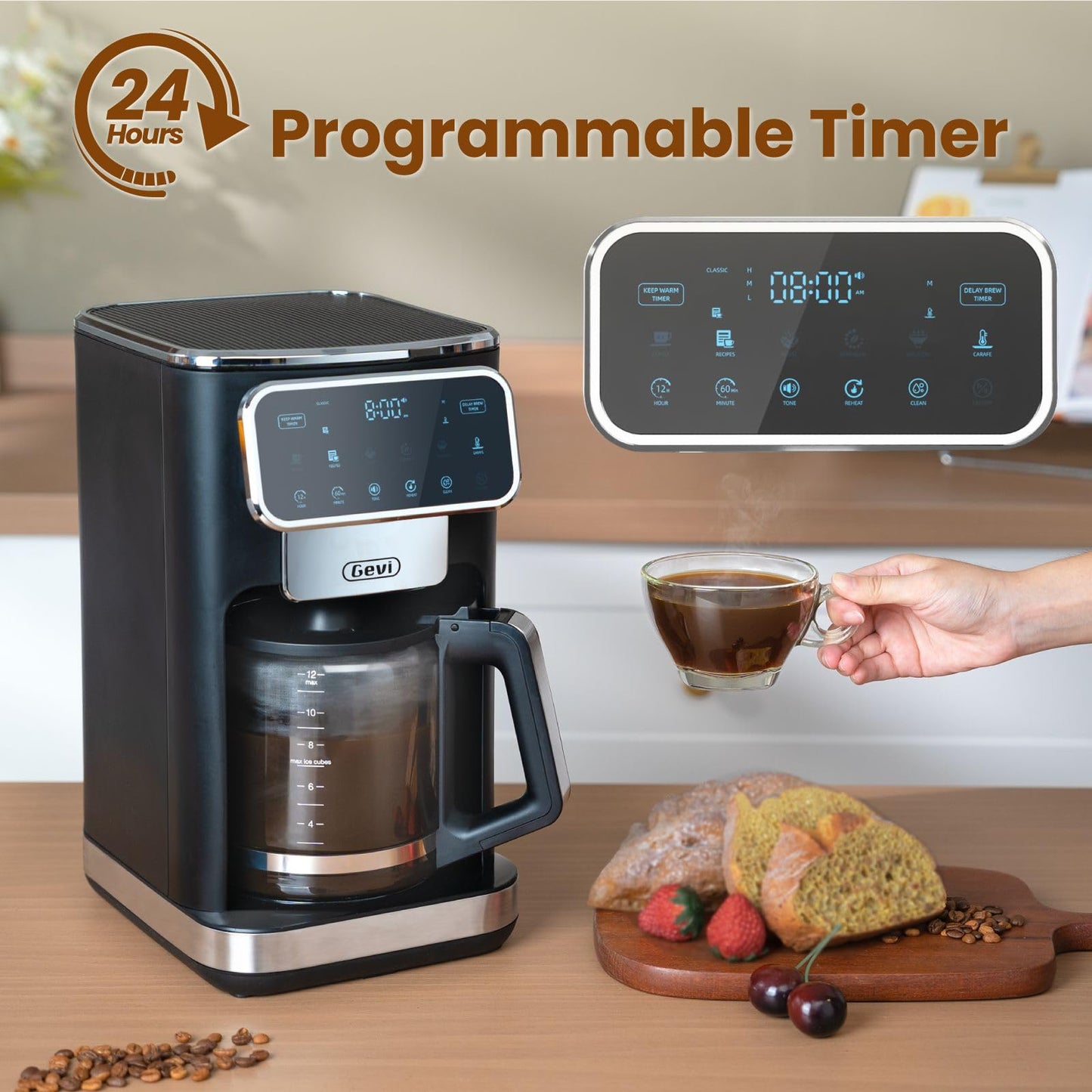Gevi programmierbare Filterkaffeemaschine für 12 Tassen mit Touchscreen, schnelles und starkes Brühen, automatische Abschaltung, 4-Stunden-Warmhalteplatte, Eiskaffee-Option, Tropfschutzsystem, Permanentfilter