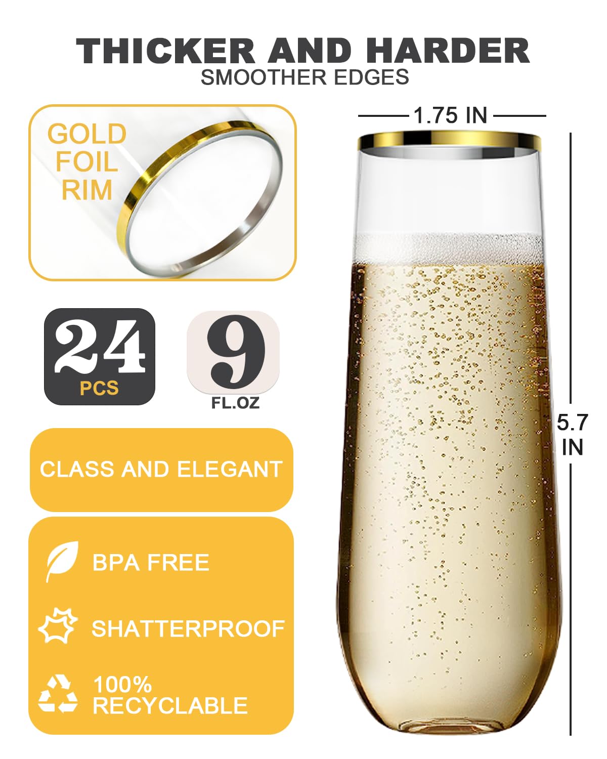 24 Pcak Champagne Flutes Plastic, 9 Oz Disposable Stemless Mimosa Gold Rim Toasting Glasses, Clear Crystal Plastic Cocktail Cups for Party Wedding Birthday