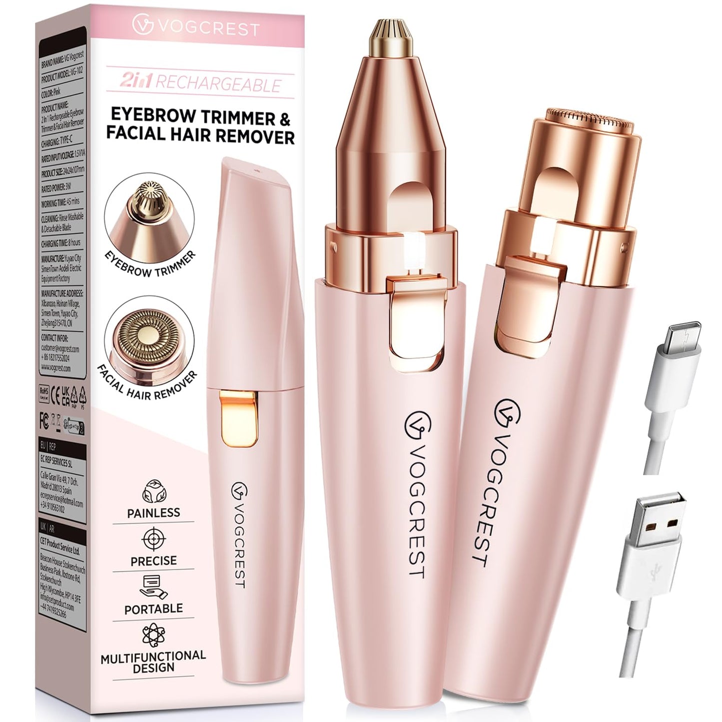Eyebrow Facial Trimmer: 2 in1 Rechargeable Facial Hair Removal and Eyebrow Shaver - Face Lips Body Painless Facial Razor with Built-in LED Light (Rose Gold)