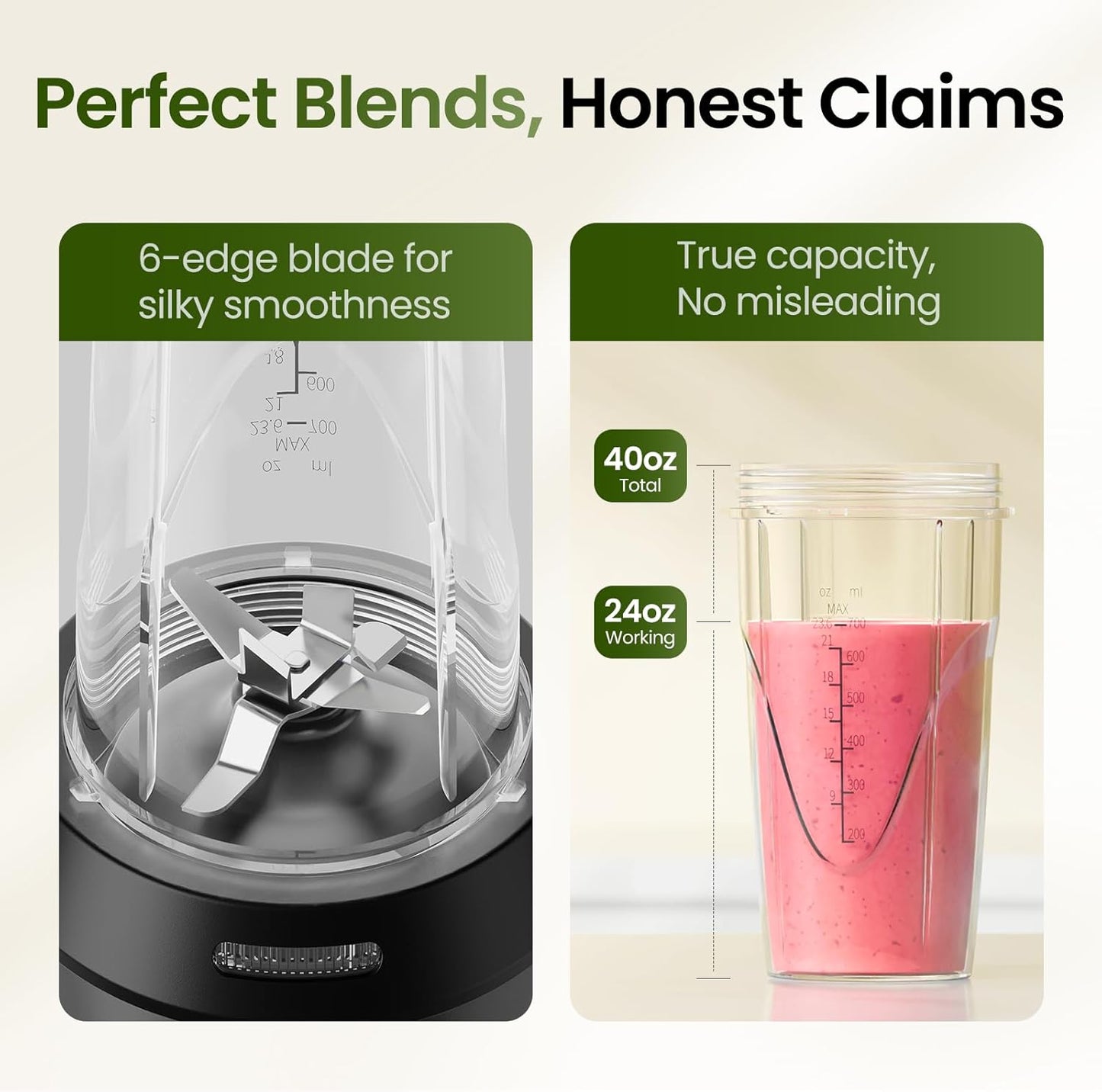 TOPZEE Personal Blender | 1000W (Max 1200W) Ice Crusher & Smoothie Maker – 24oz Portable Cup, 6 Stainless Steel Blades, Dishwasher-Safe