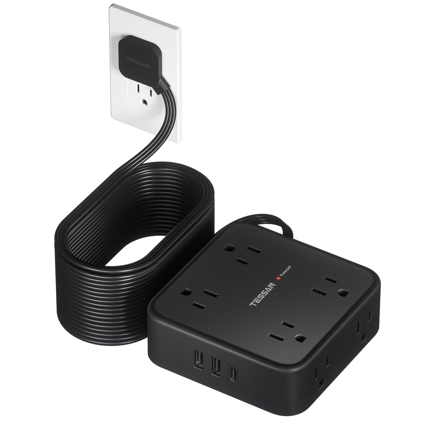 Surge Protector Flat Extension Cord Flat Plug Power Strip, 8 AC Outlets, 3 USB Charger(1 USB C Port) 3-Sided Outlet Extender, 5 Ft, 900 Joules Protection