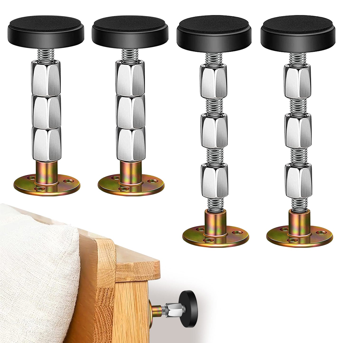 Krisler Verstellbares Anti-Shake-Werkzeug mit Gewinde für Bettrahmen, Kopfteilstopper, Anti-Shake-Werkzeug neben dem Bett für Betten, Schränke, Sofas, 4 Stück (27–114 mm)