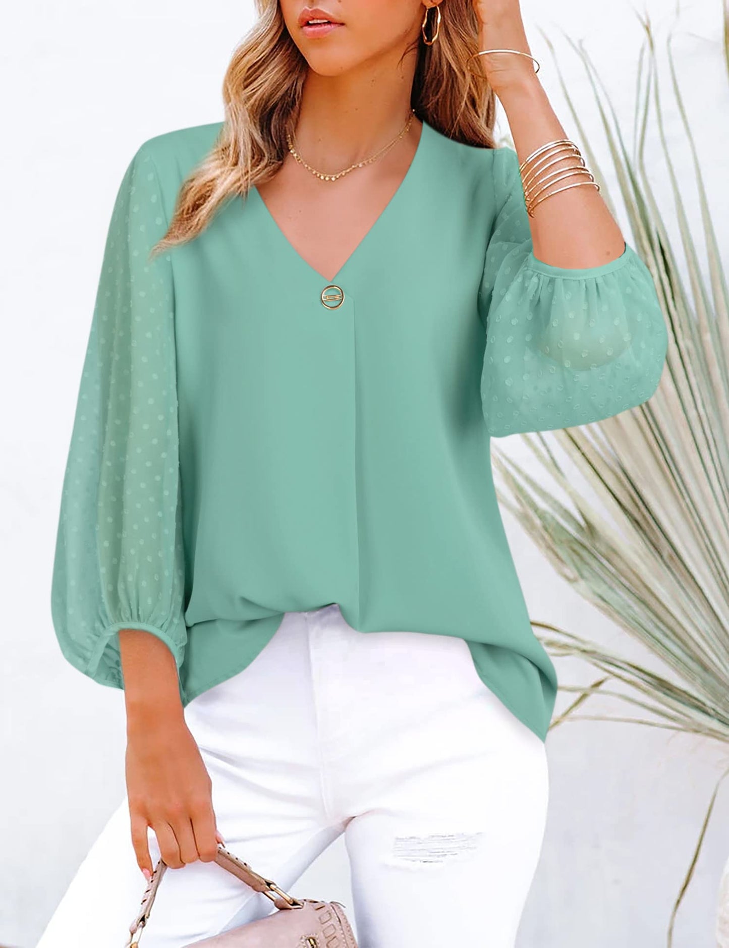 Bebonnie Damen Chiffonbluse mit Laternenmuster, 3/4-Ärmel, lässig, locker, V-Ausschnitt