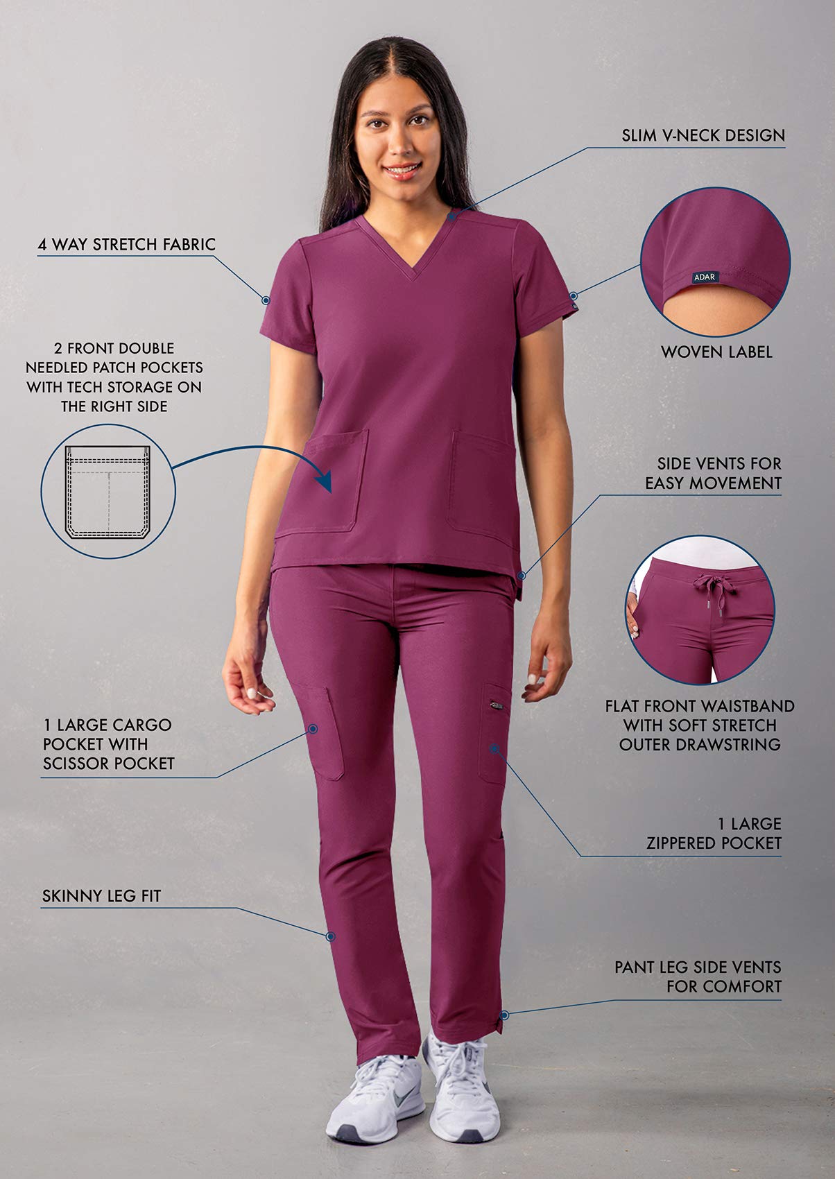 Ensemble de gommage Adar Addition Go-Basic pour femme - Haut de gommage slim à col en V et pantalon de gommage cargo skinny