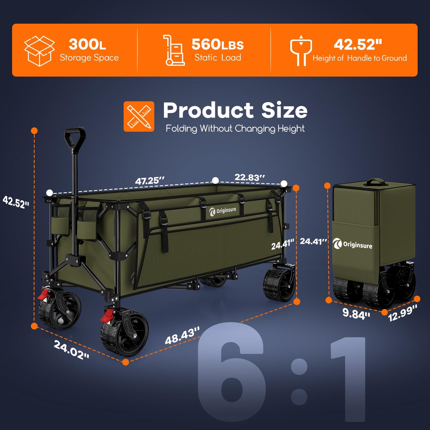 48" L Collapsible Wagon Cart Foldable, 560LB Weight Capacity 300L Heavy Duty Folding Beach Wagons with Big All-Terrain Wheels, Utility Carts for Groceries, Shopping, Camping, Sports - Black